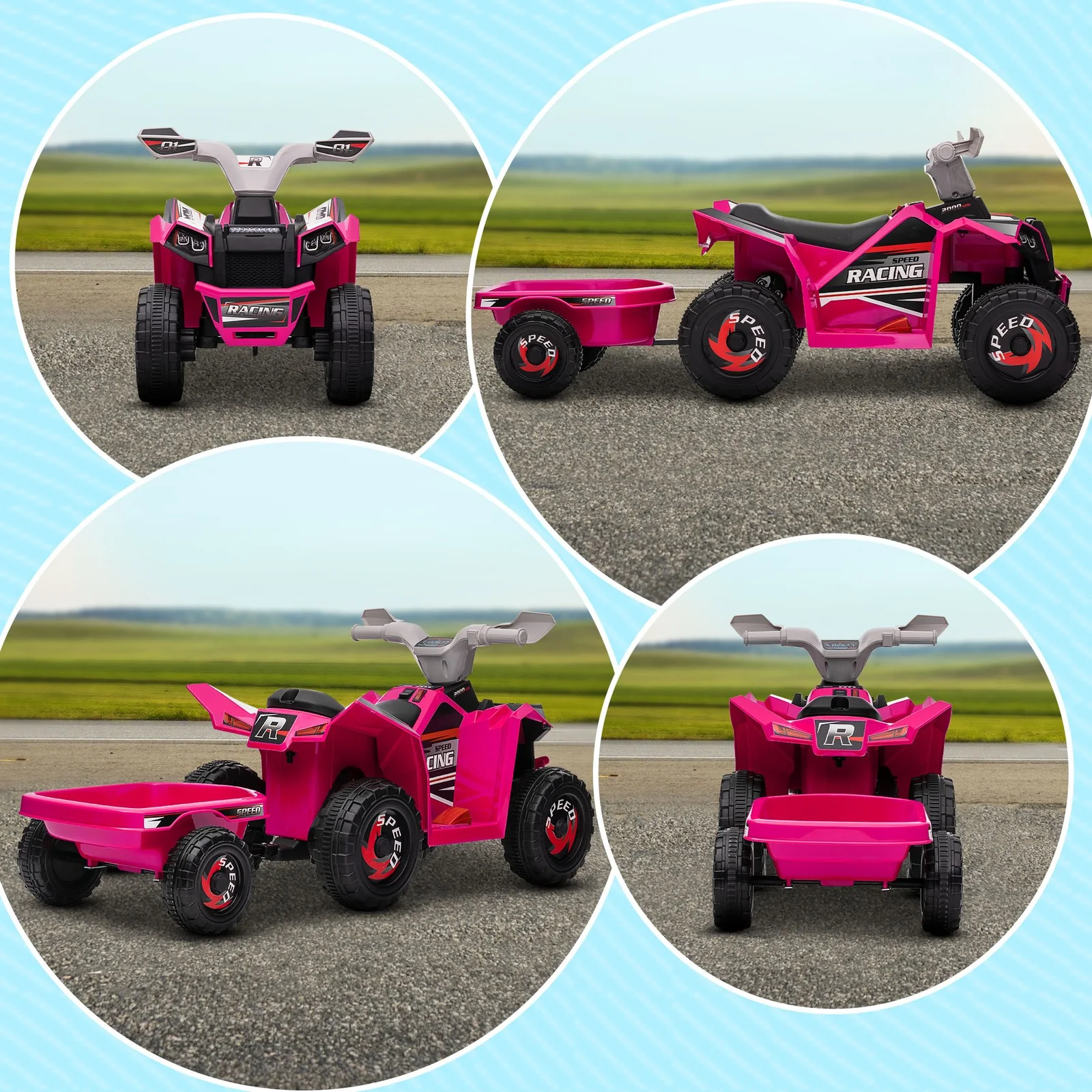 6V Pink Kids ATV Quad Car with Back Trailer and Forward/Backward Motion - Image 10