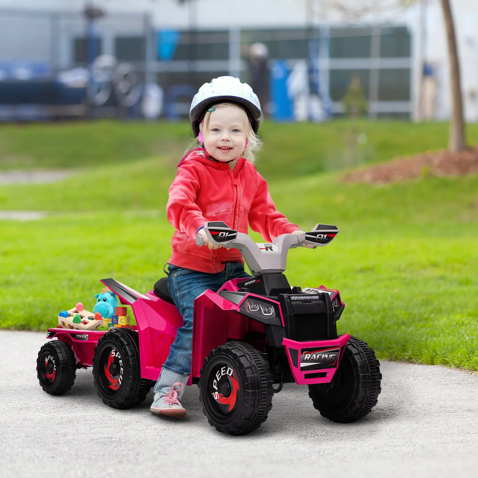 6V Pink Kids ATV Quad Car with Back Trailer and Forward/Backward Motion - Image 2