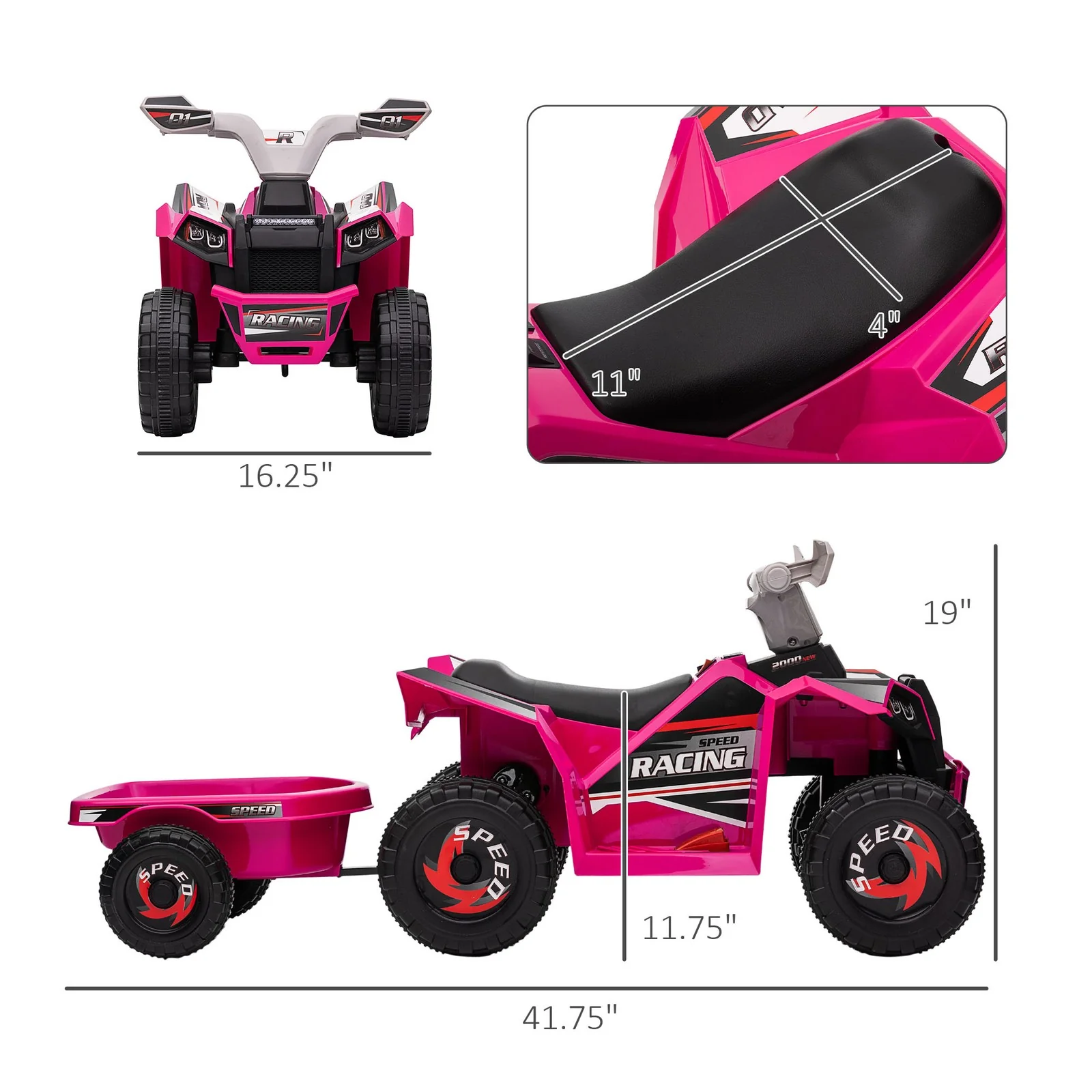 6V Pink Kids ATV Quad Car with Back Trailer and Forward/Backward Motion - Image 3