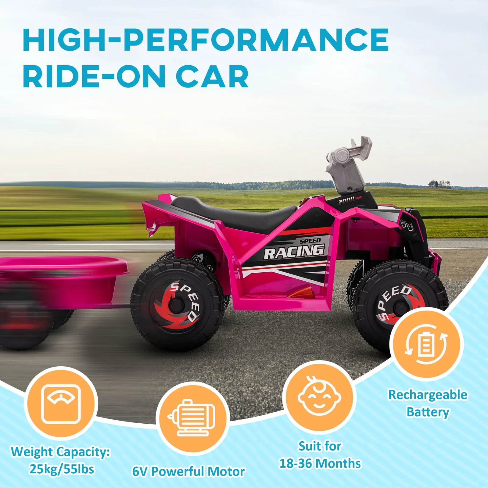 6V Pink Kids ATV Quad Car with Back Trailer and Forward/Backward Motion - Image 7