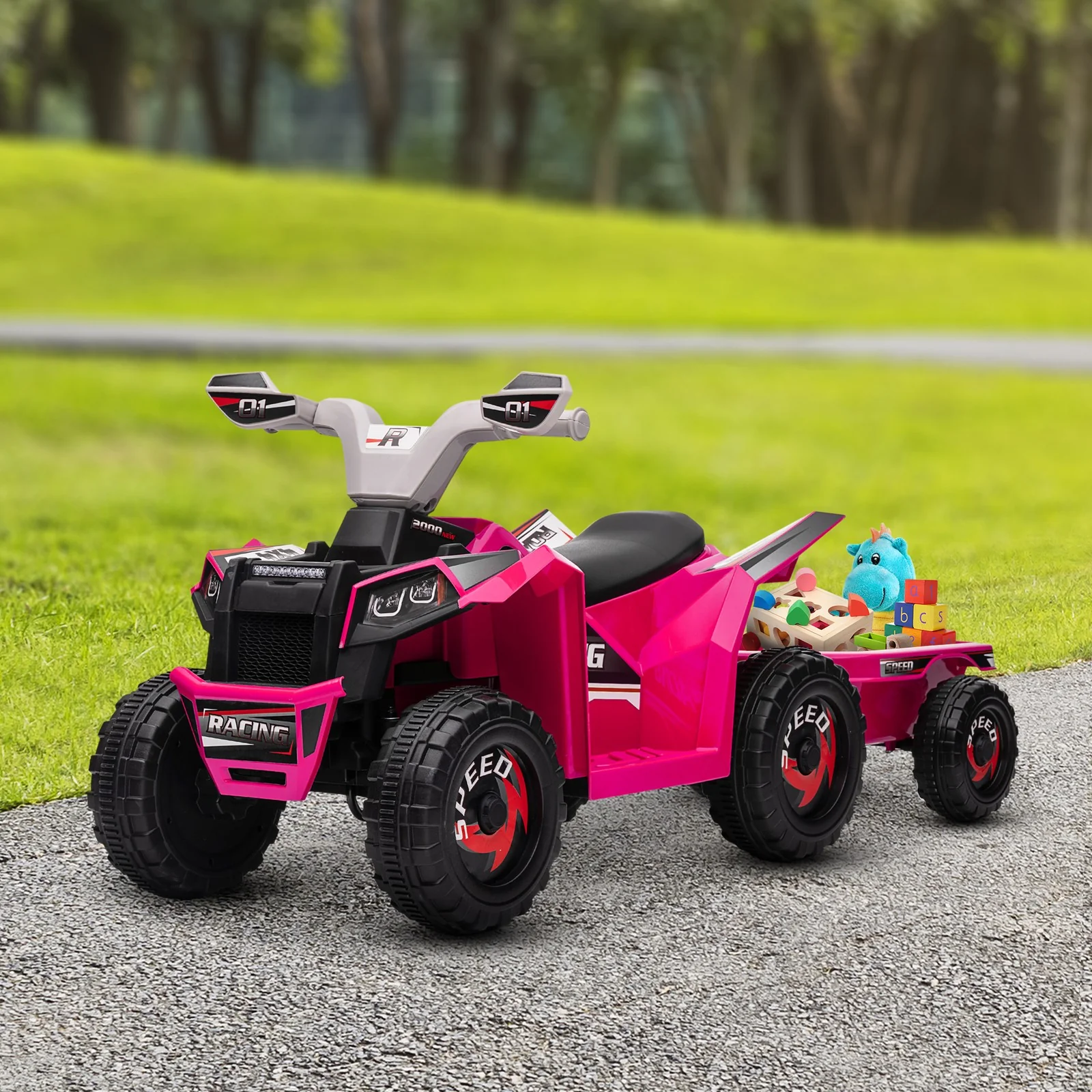 6V Pink Kids ATV Quad Car with Back Trailer and Forward/Backward Motion - Image 9