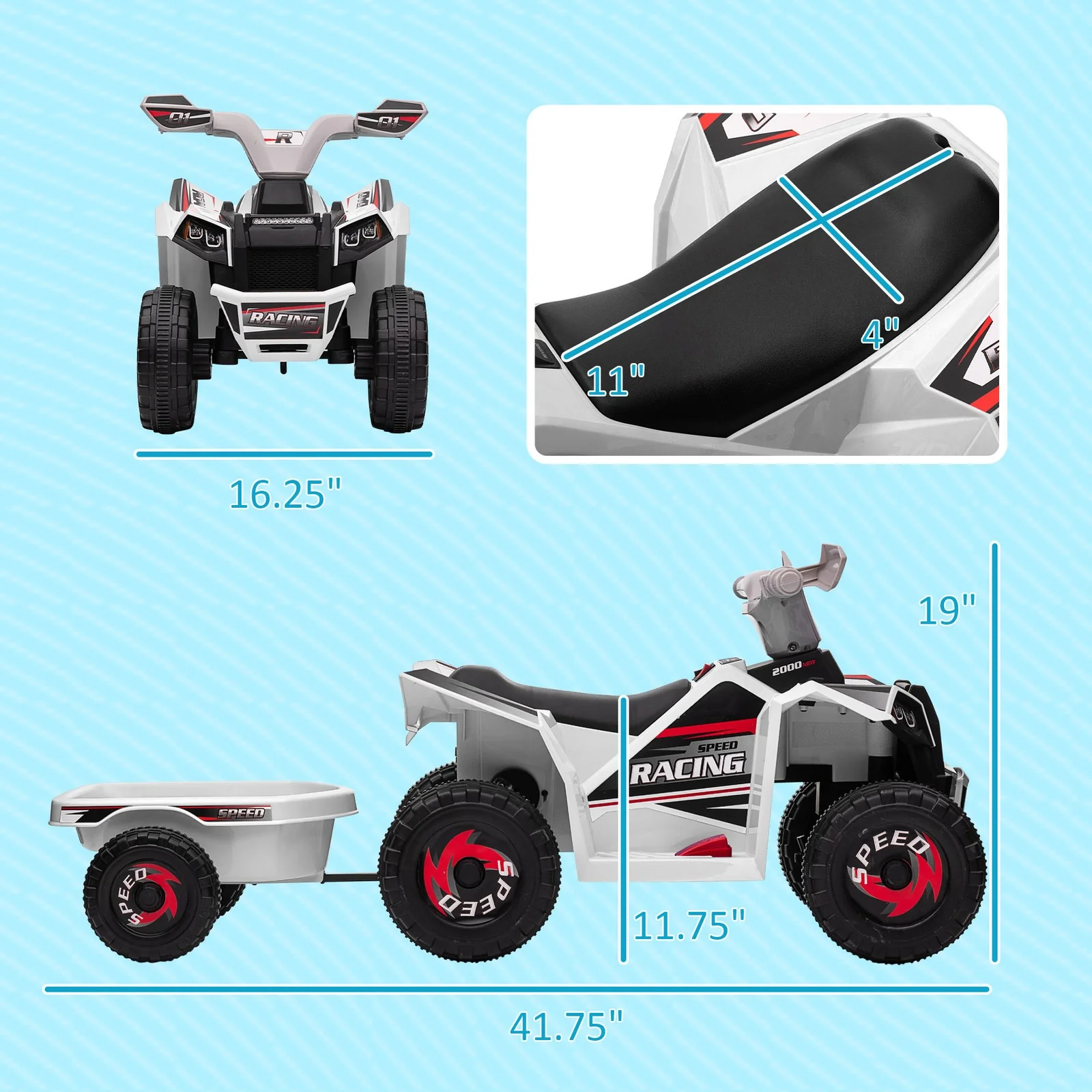 6V Kids ATV Quad Car with Back Trailer, Forward and Backward Movement, Music - Image 3