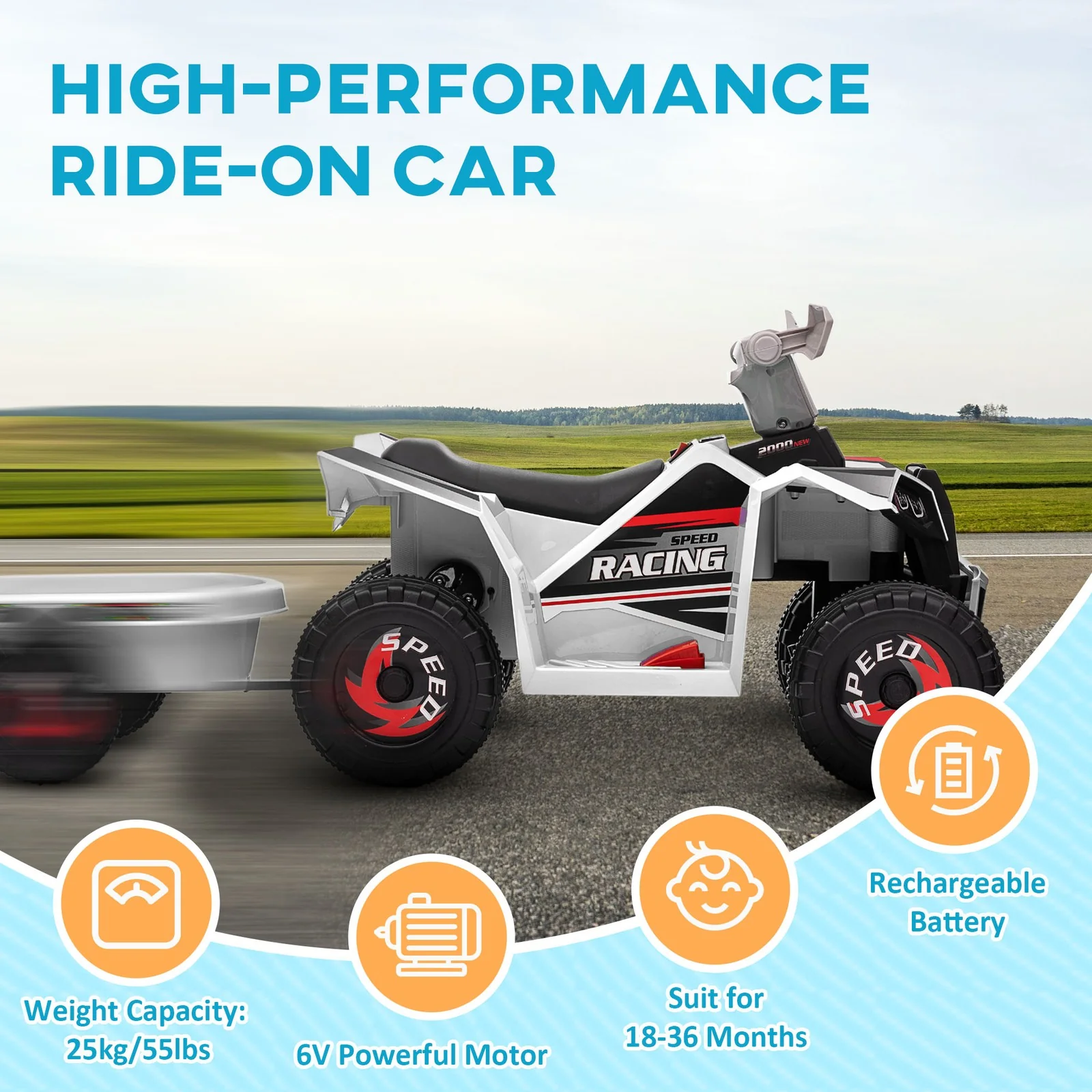 6V Kids ATV Quad Car with Back Trailer, Forward and Backward Movement, Music - Image 7