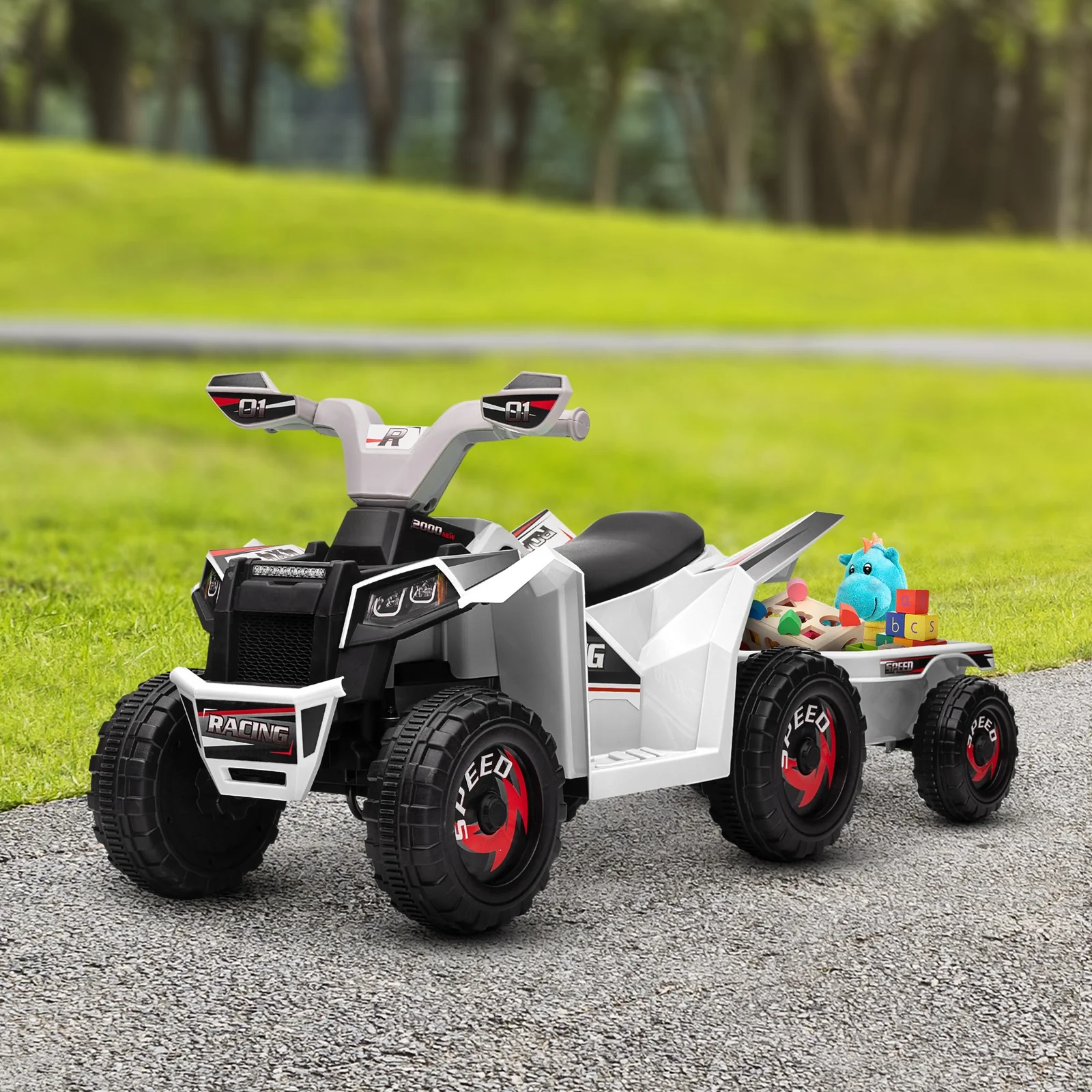 6V Kids ATV Quad Car with Back Trailer, Forward and Backward Movement, Music - Image 9