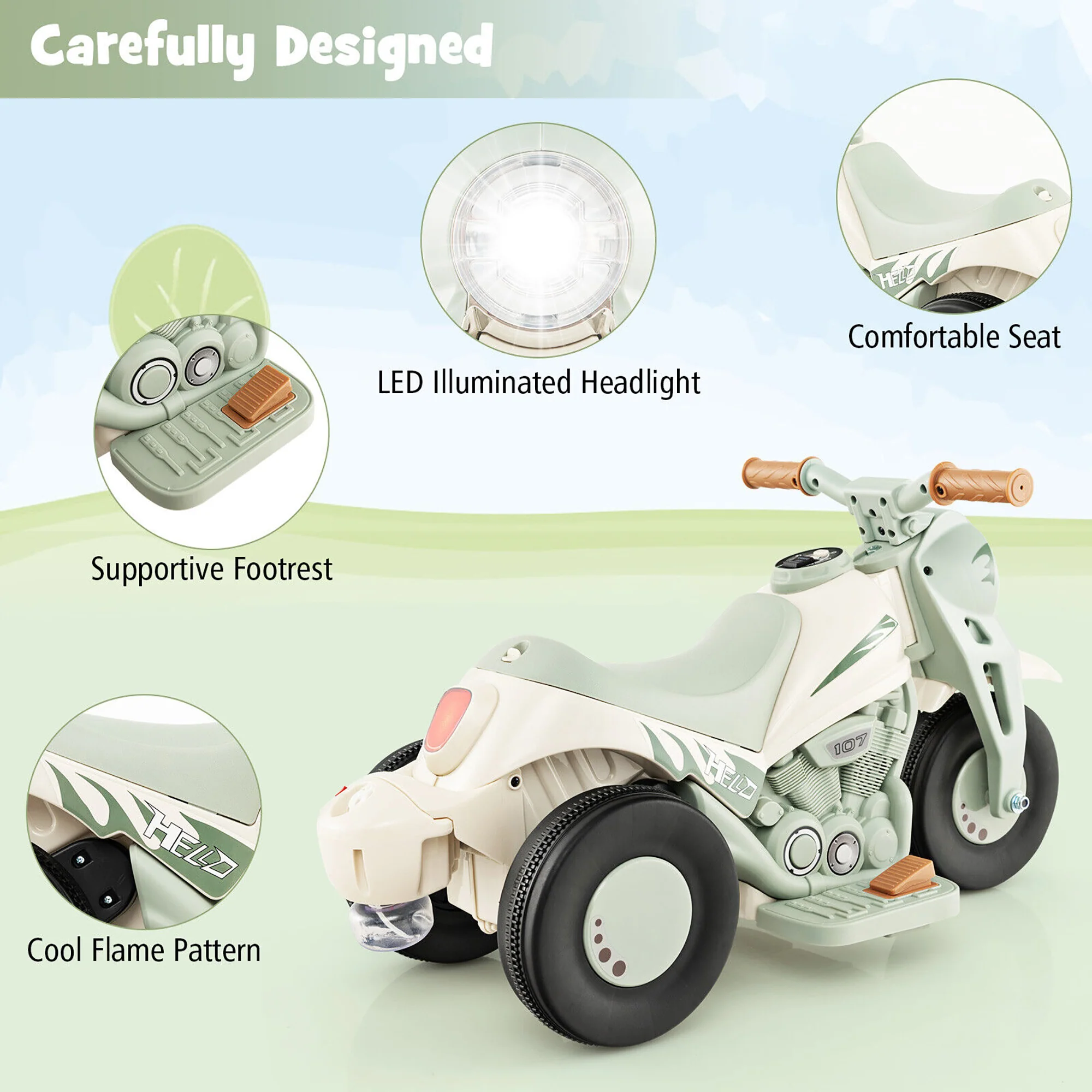6V Electric Kids Ride-On Motorcycle with Bubble, Music Button, Headlight - Beige - Image 5