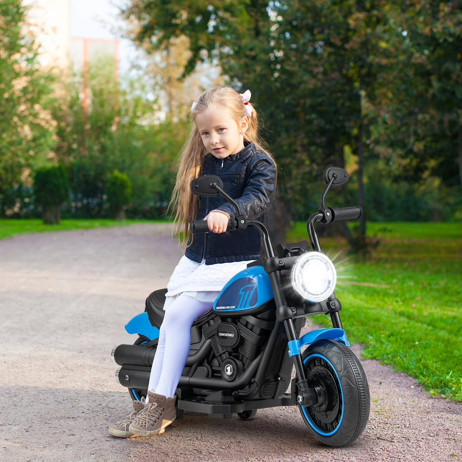 6V Kids Electric Motorcycle with Training Wheels LED Headlights Music Board Blue - Image 4