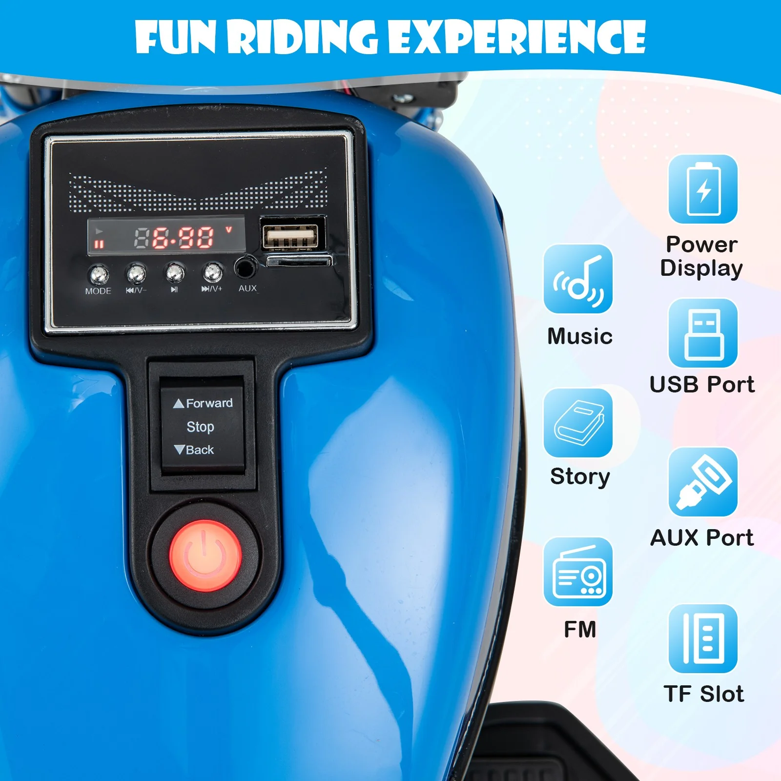 6V Kids Electric Motorcycle with Training Wheels LED Headlights Music Board Blue - Image 5