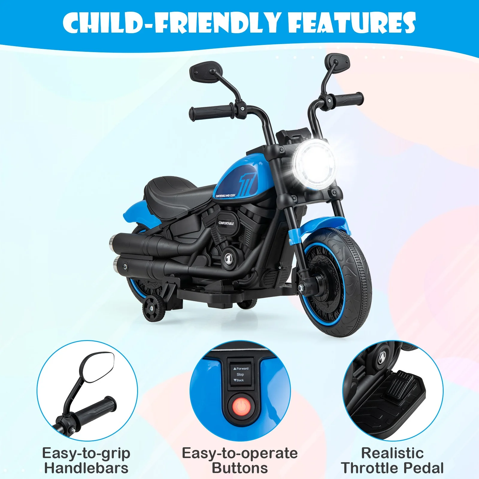 6V Kids Electric Motorcycle with Training Wheels LED Headlights Music Board Blue - Image 6