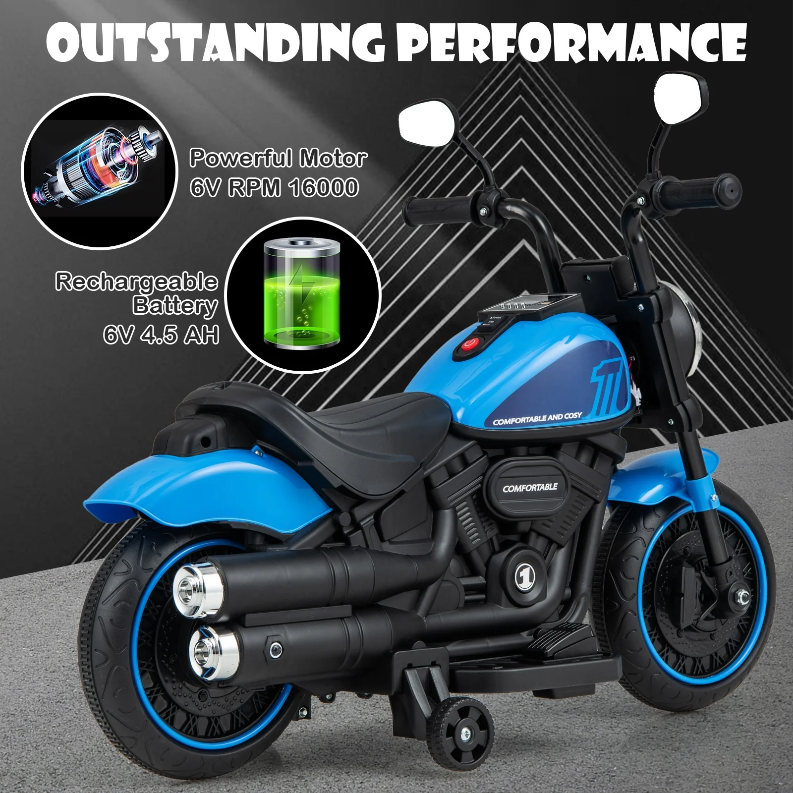 6V Kids Electric Motorcycle with Training Wheels LED Headlights Music Board Blue - Image 8