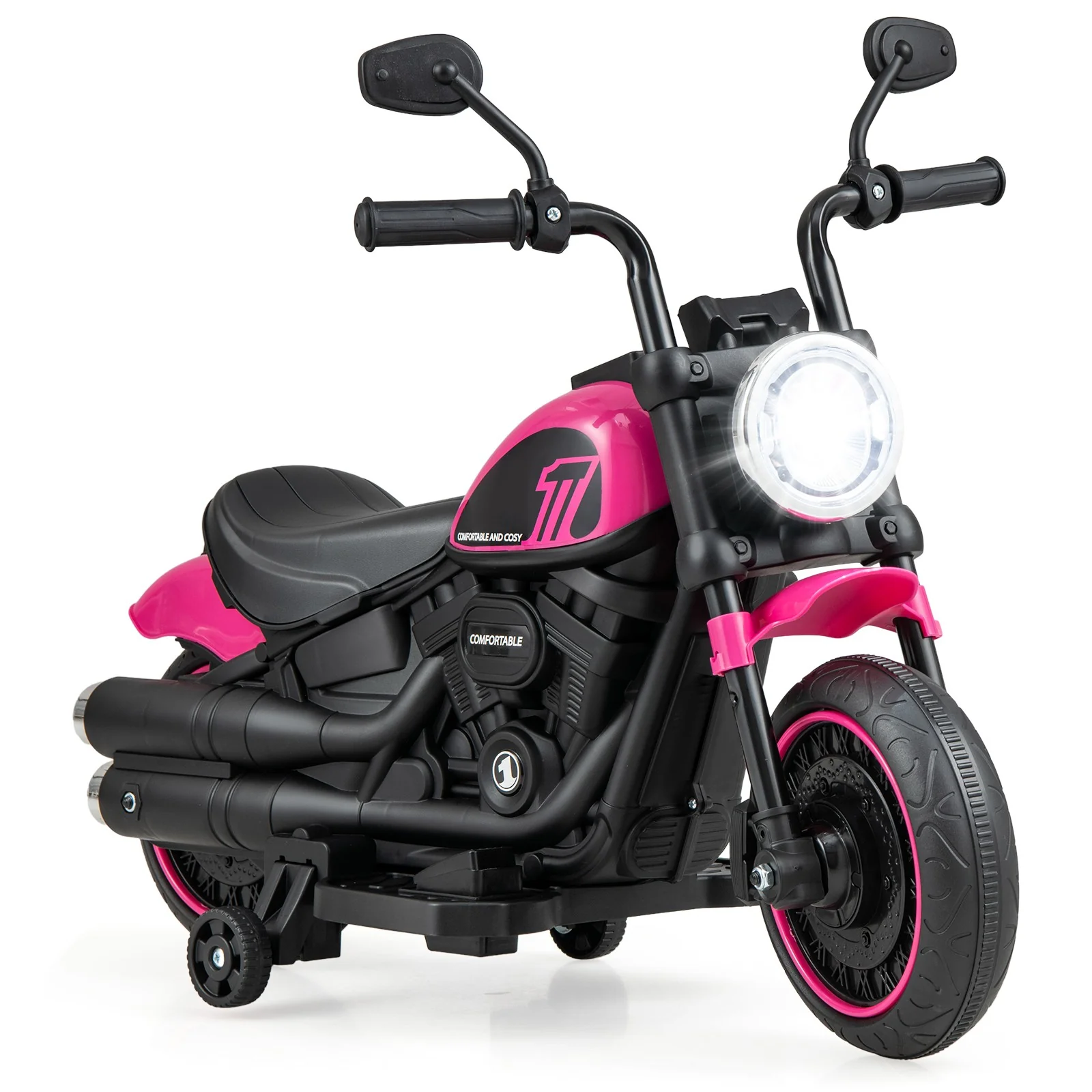 6V Kids Electric Motorcycle with Training Wheels LED Headlights Music Pink - Image 11
