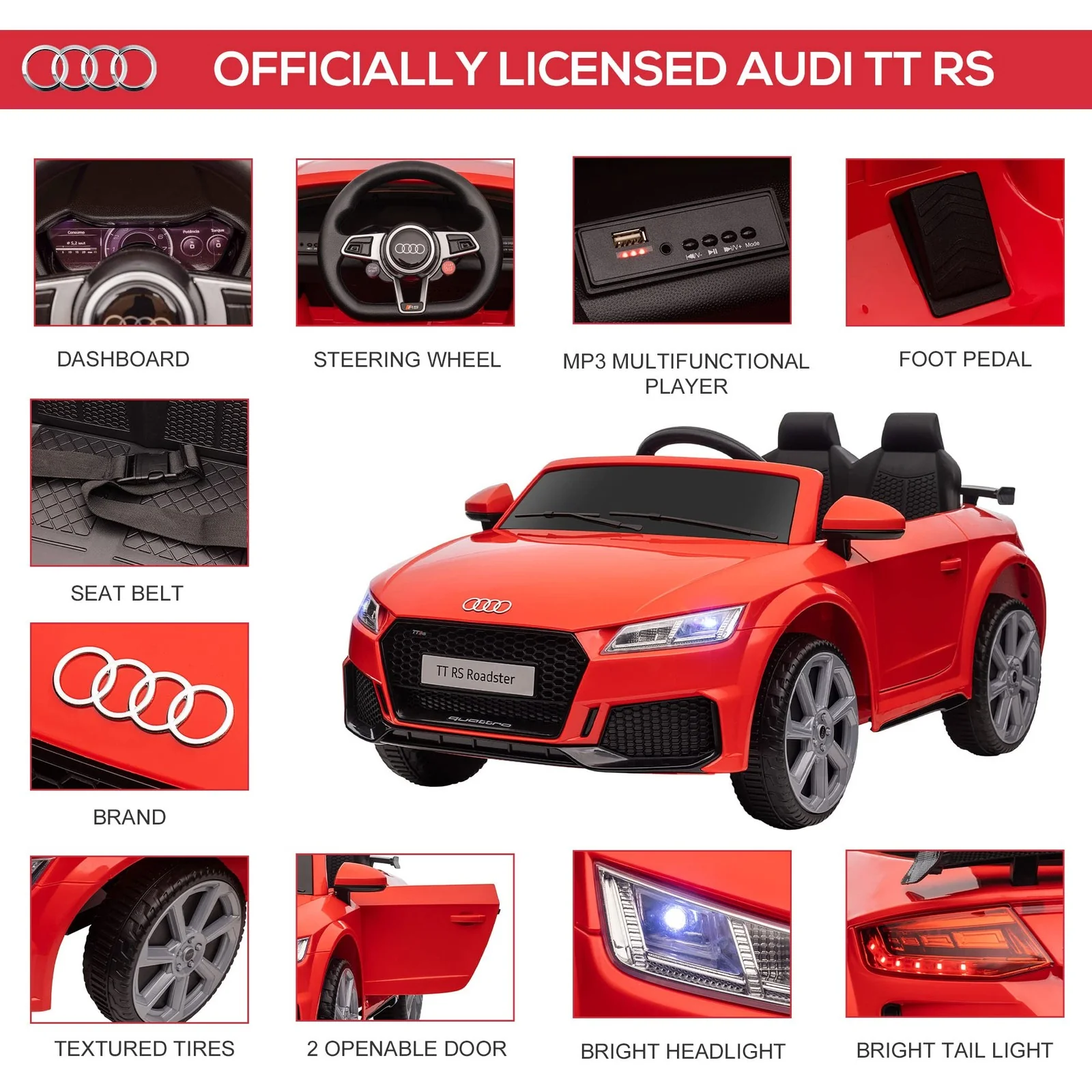 6V Kids Electric Ride-On Audi TT RS Car with Suspension and Remote Control - Image 3