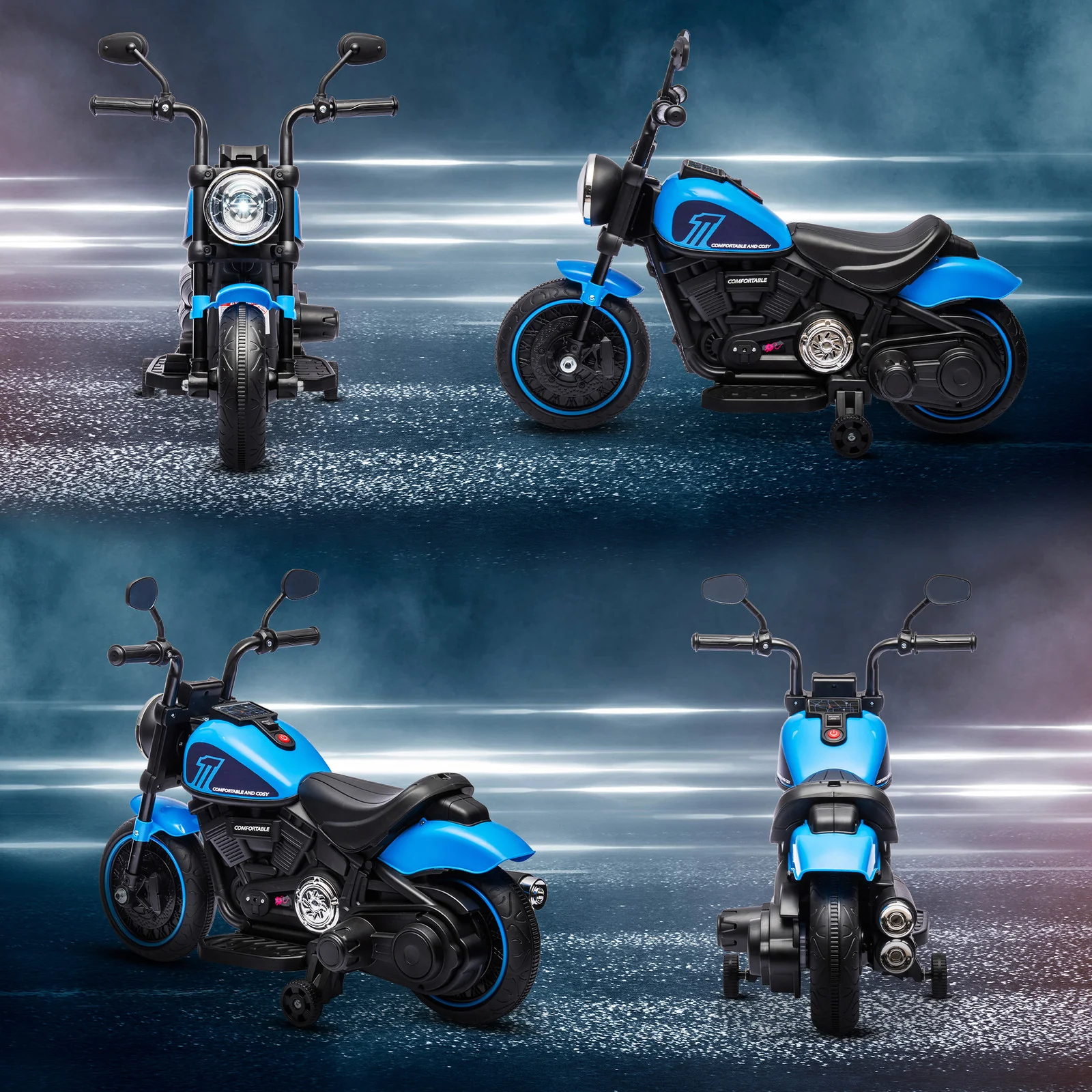 6V Kids Motorcycle with Training Wheels and Single Button Start Blue - Image 10