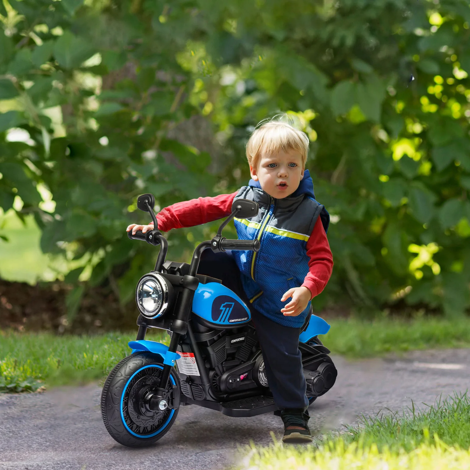 6V Kids Motorcycle with Training Wheels and Single Button Start Blue - Image 12