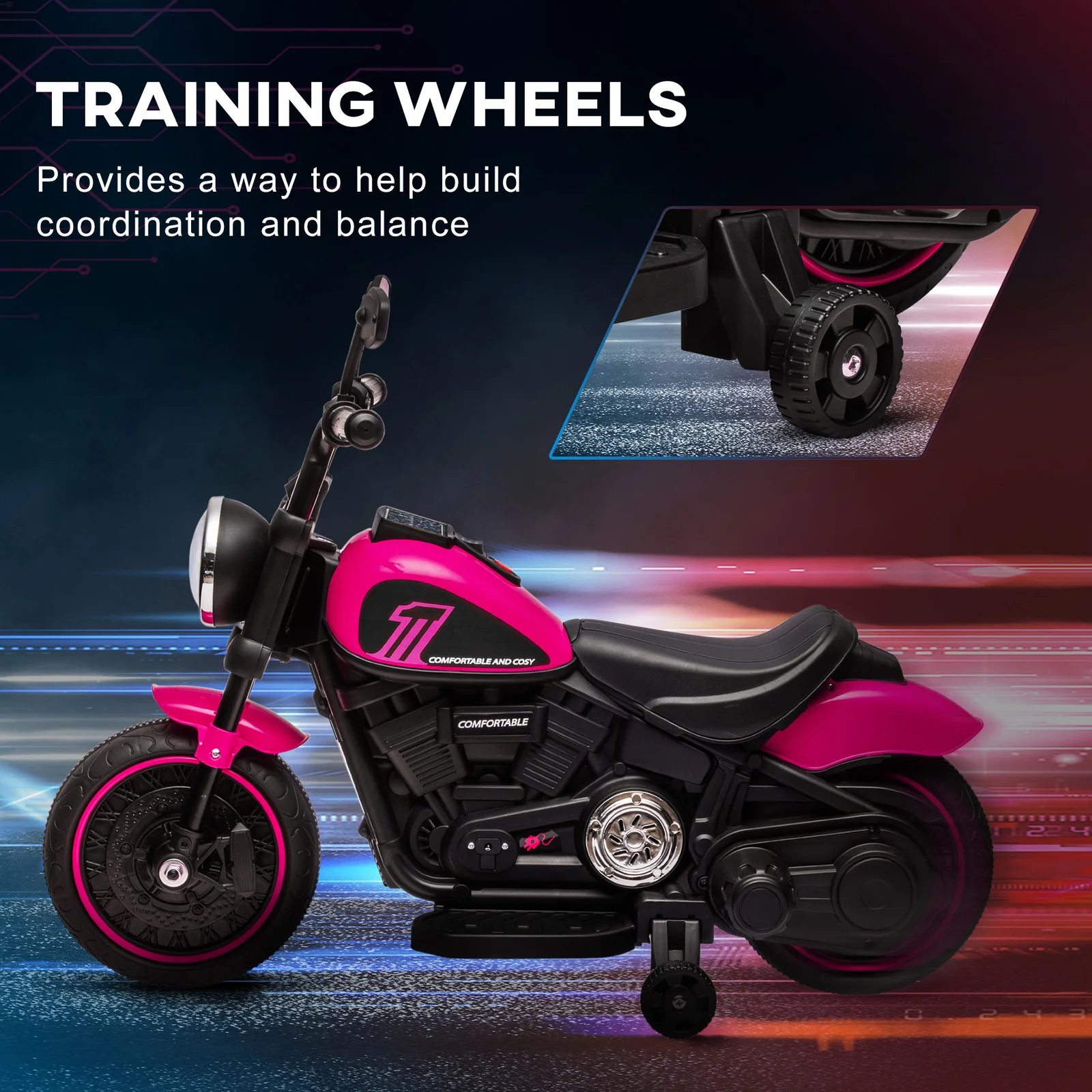 6V Pink Kids Motorcycle with Training Wheels and Single Button Start - Image 6