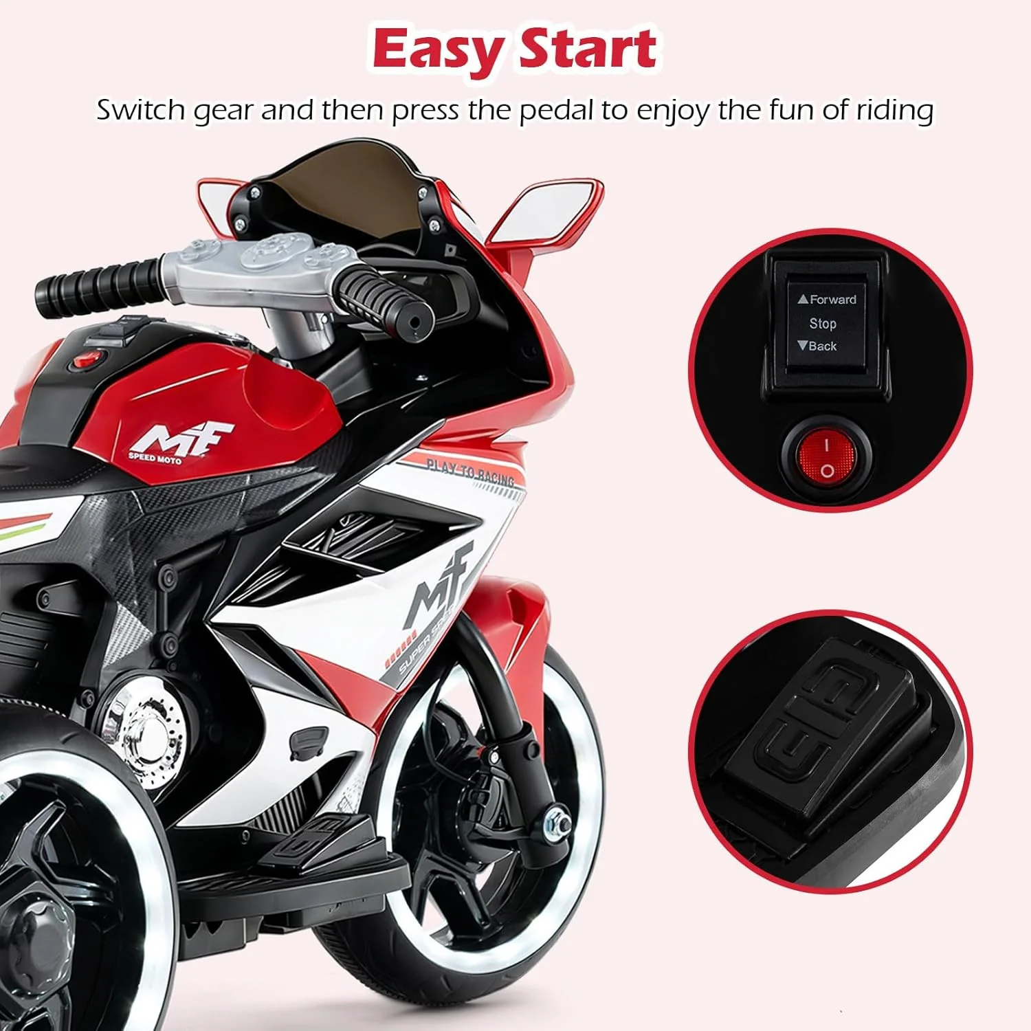 Electric 6V Kids Motorcycle with Reversible Drive, Headlight, Wheel Lighting, and Horn - Image 8