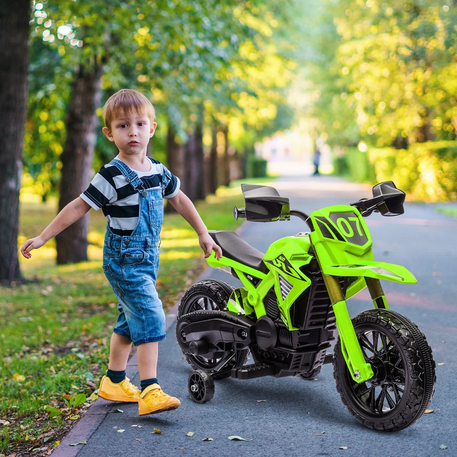 6V Kids Motorcycle with Training Wheels, Horn, Start Sound – Green - Image 12