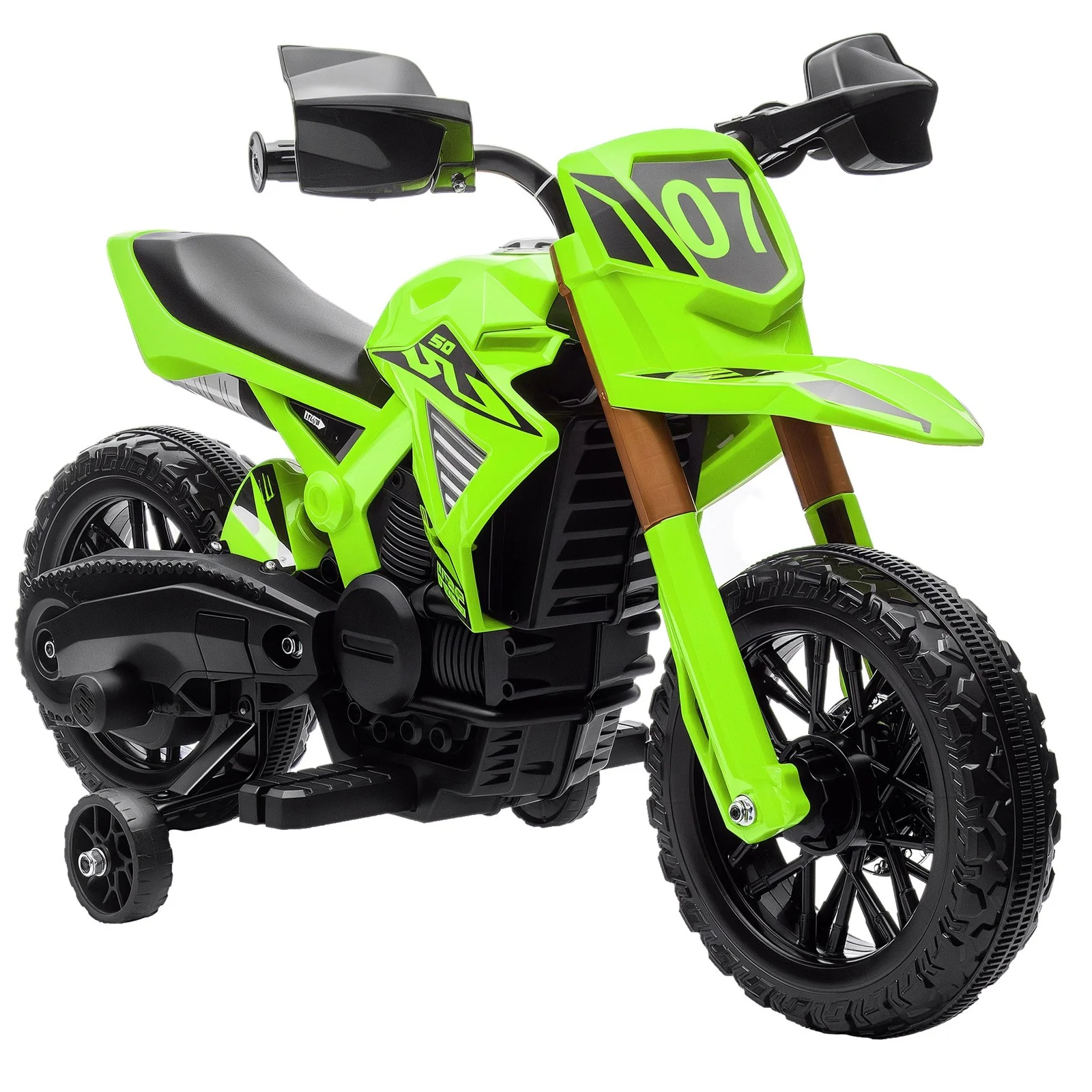6V Kids Motorcycle with Training Wheels, Horn, Start Sound – Green - Image 3