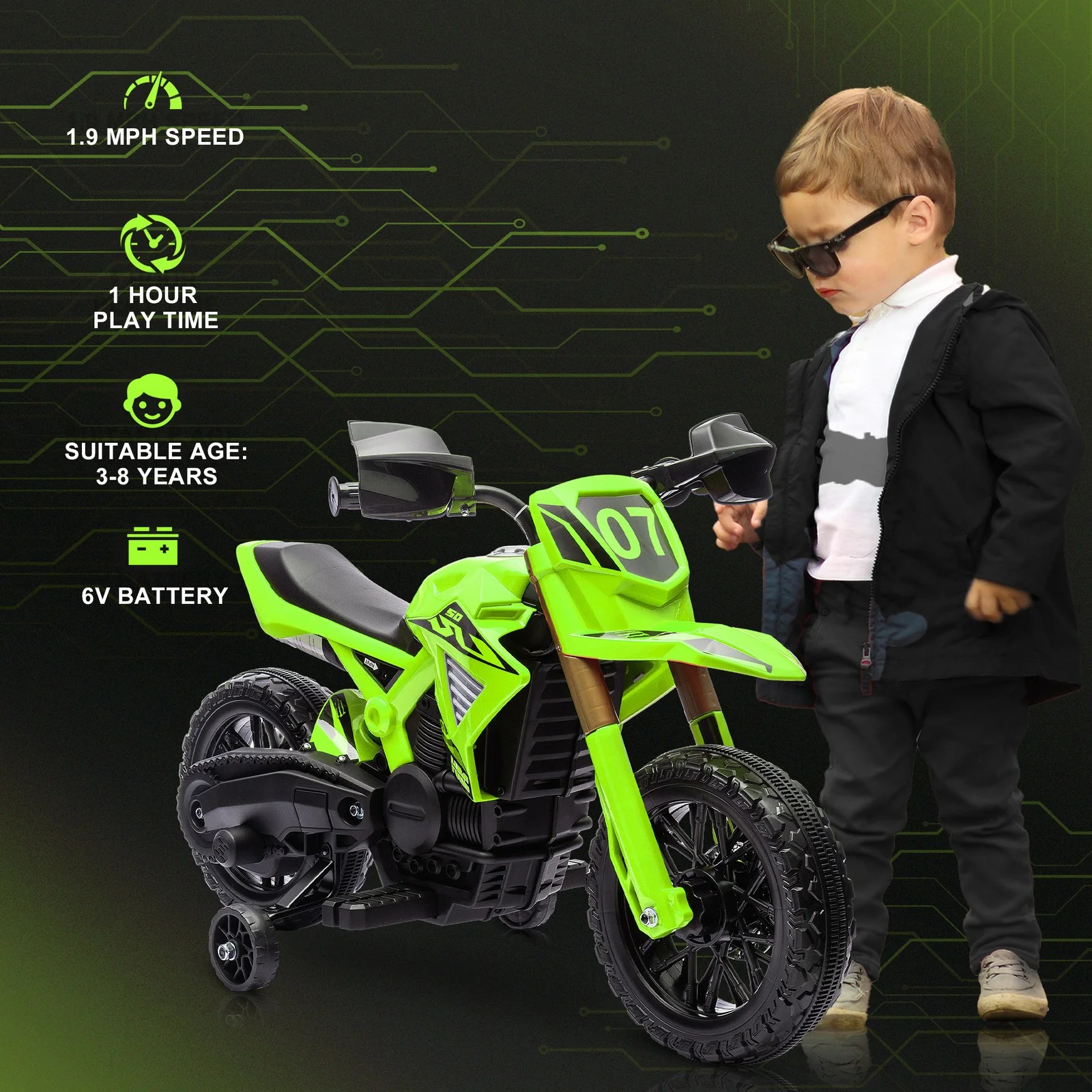 6V Kids Motorcycle with Training Wheels, Horn, Start Sound – Green - Image 5