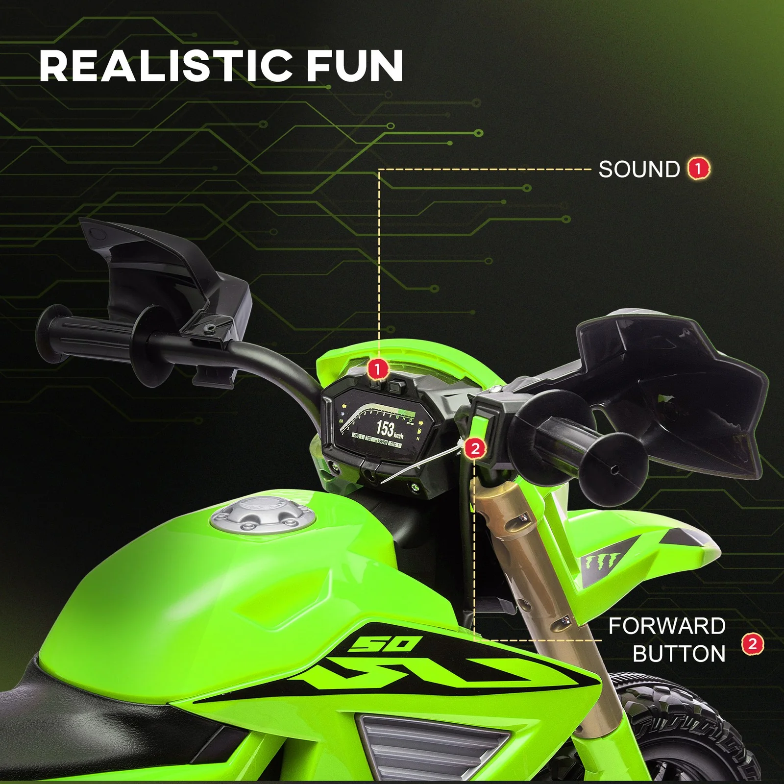6V Kids Motorcycle with Training Wheels, Horn, Start Sound – Green - Image 7