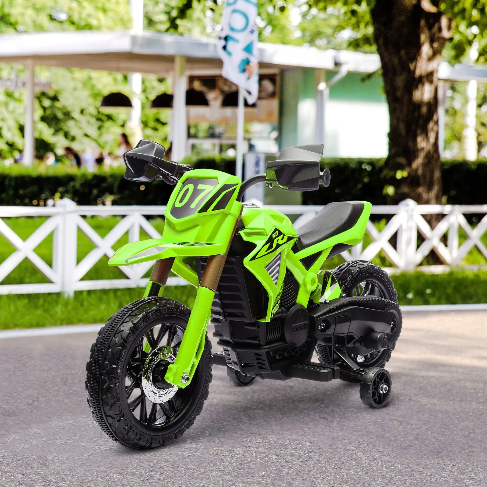6V Kids Motorcycle with Training Wheels, Horn, Start Sound – Green - Image 9
