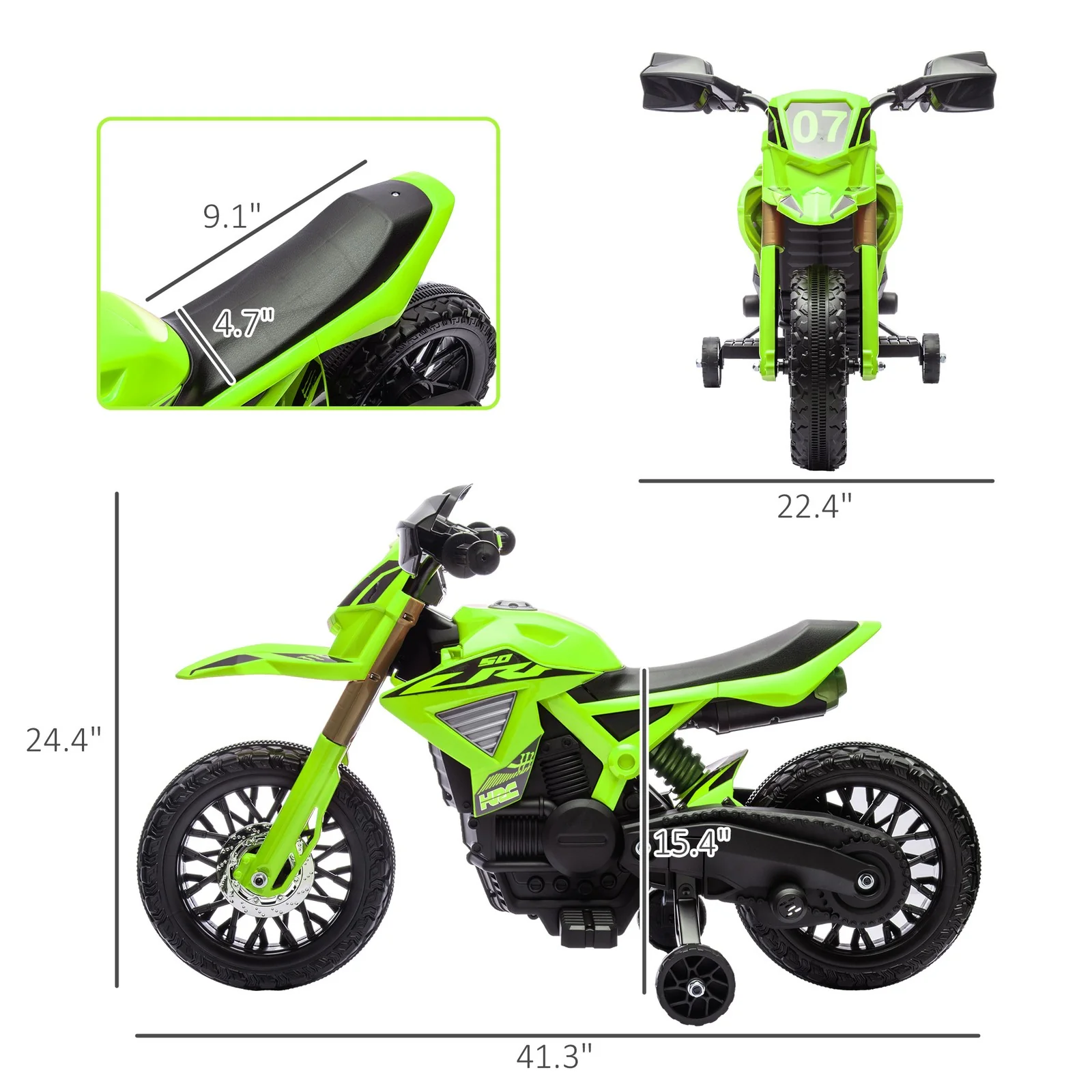 6V Kids Motorcycle with Training Wheels, Horn, and Start Sound – Green - Image 3