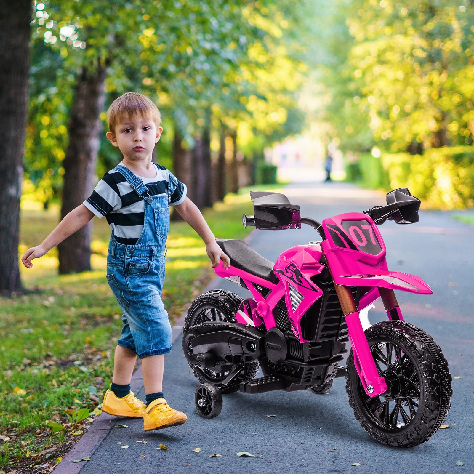 6V Pink Kids Motorcycle with Training Wheels, Horn, and Start Sound - Image 2
