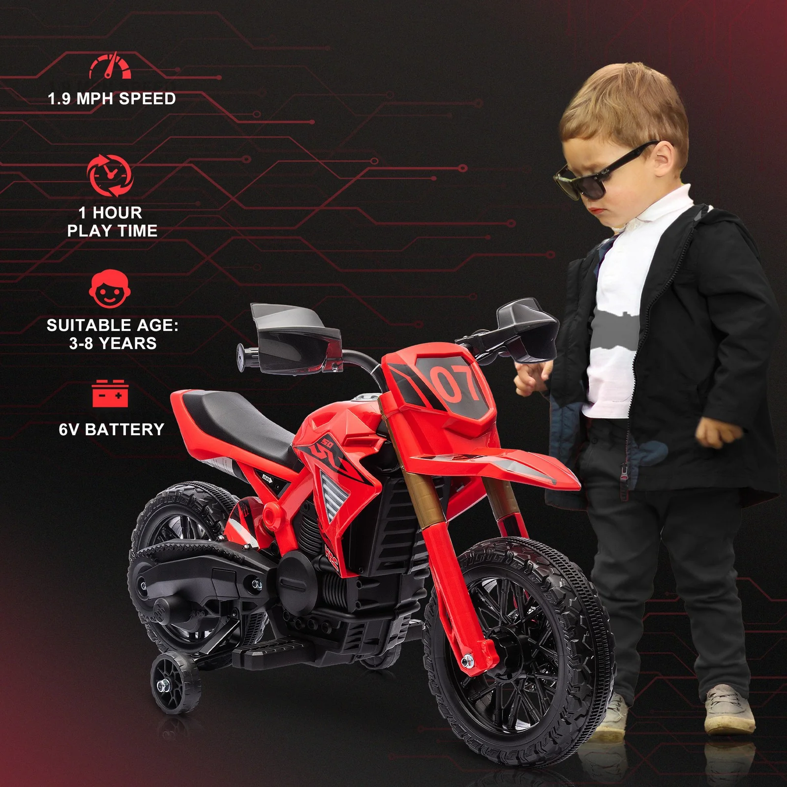 6V Kids Motorcycle with Training Wheels, Horn, and Start Sound - Red - Image 5