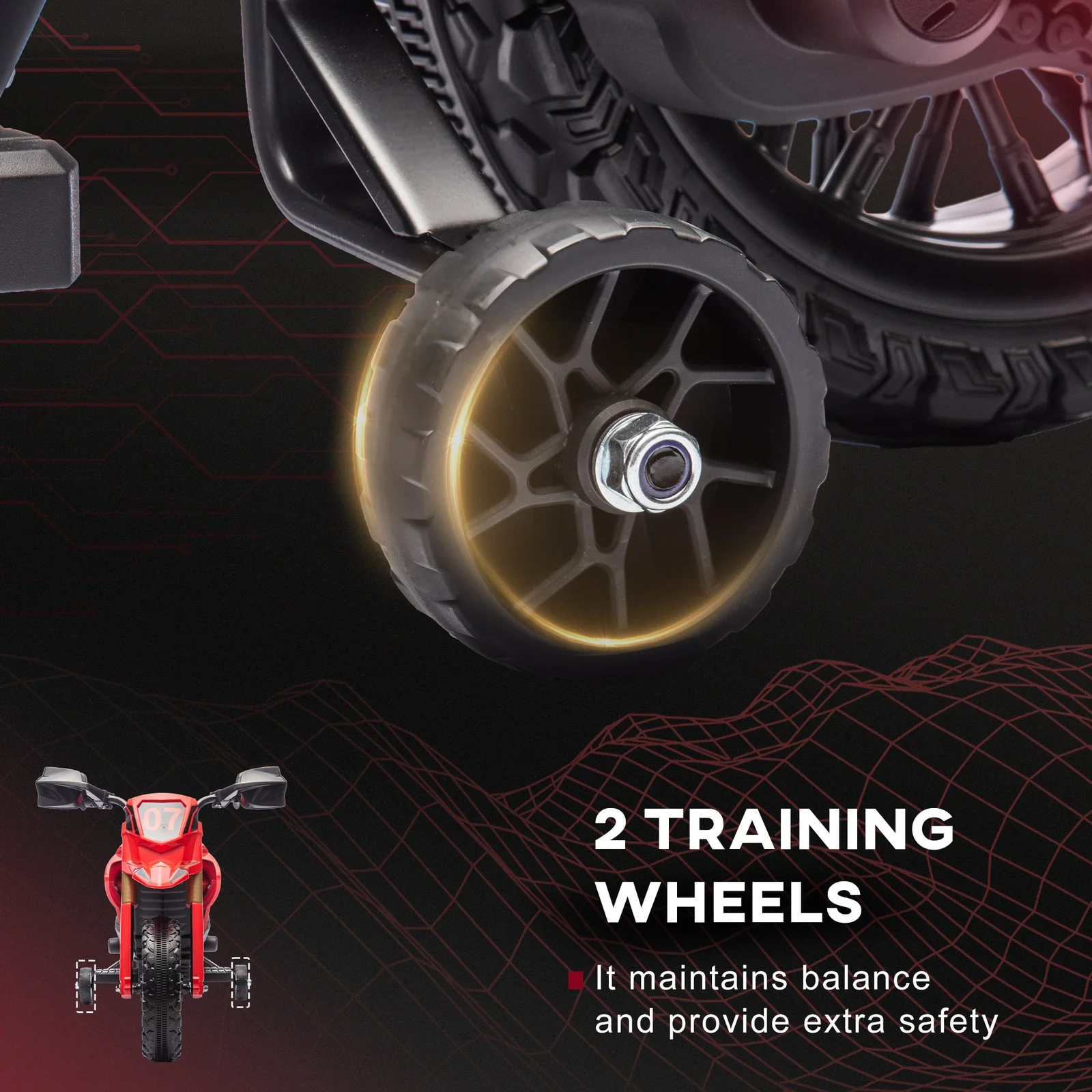 6V Kids Motorcycle with Training Wheels, Horn, and Start Sound - Red - Image 6
