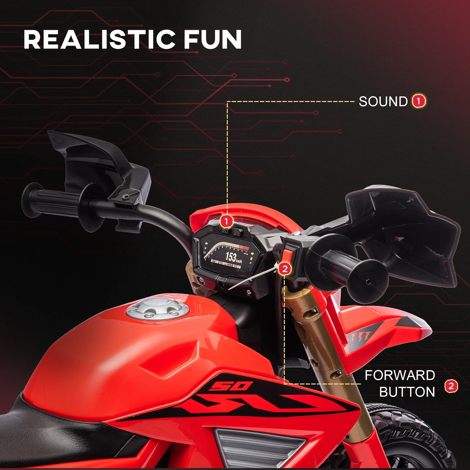 6V Kids Motorcycle with Training Wheels, Horn, and Start Sound - Red - Image 7