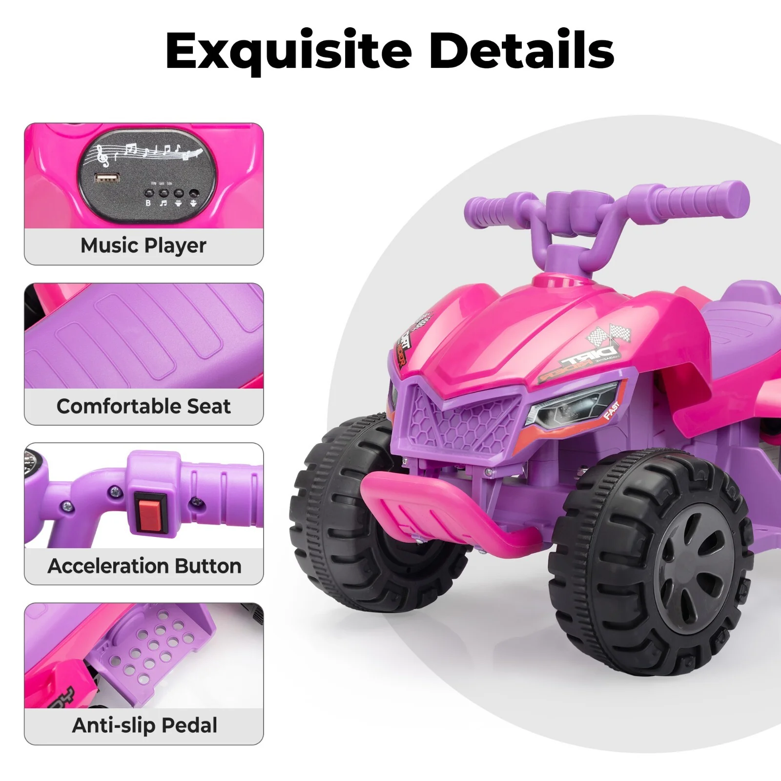 6V Battery-Powered Kids Electric Ride-On ATV Quad Car with Spray Device, Pink - Image 8