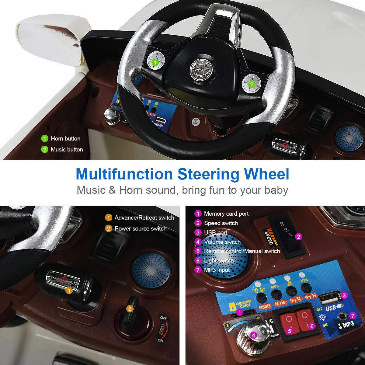 6V Kids Ride On Car with RC Remote Control, LED Lights, and MP3 Player - White - Image 28