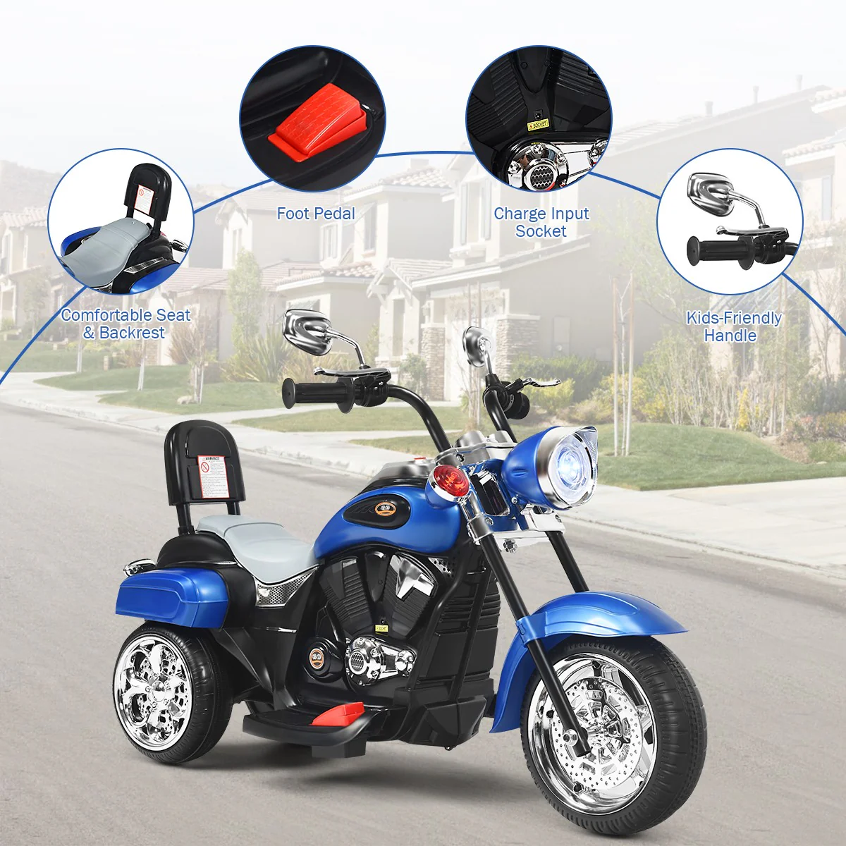 6V Kids Ride-On Blue 3-Wheel Chopper Motorcycle Trike with Headlight and Horn - Image 7