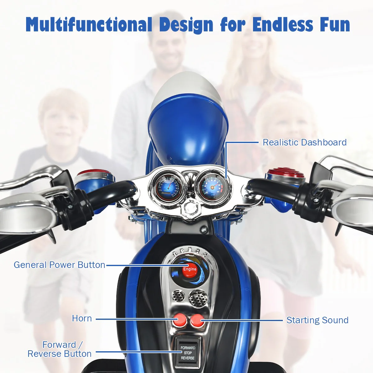 6V Kids Ride-On Blue 3-Wheel Chopper Motorcycle Trike with Headlight and Horn - Image 9