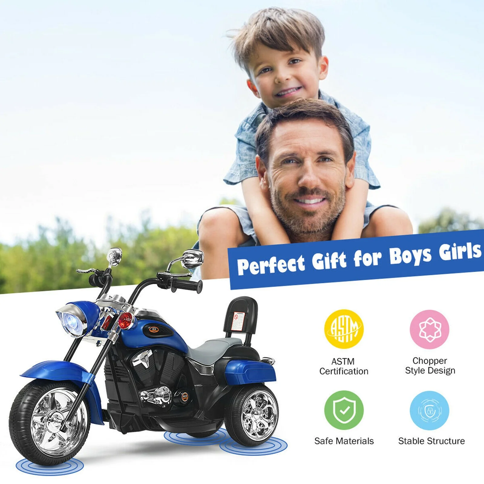 6V Kids Ride-On Blue 3-Wheel Chopper Motorcycle Trike with Headlight - Image 7