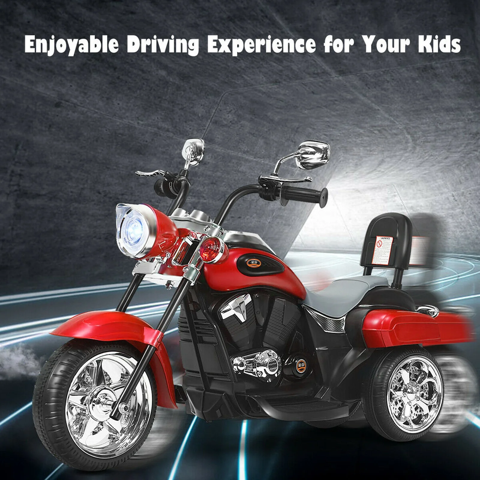 6V Kids Ride-On Red 3-Wheel Chopper Motorcycle Trike with Headlight - Image 4