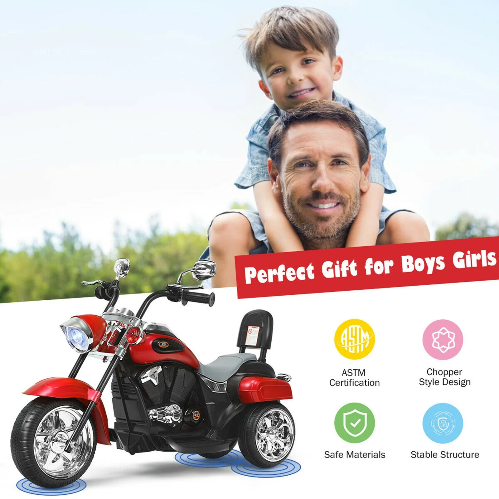 6V Kids Ride-On Red 3-Wheel Chopper Motorcycle Trike with Headlight - Image 7