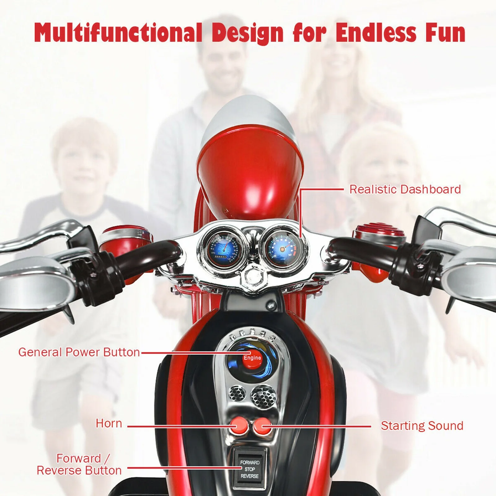 6V Kids Ride-On Red 3-Wheel Chopper Motorcycle Trike with Headlight - Image 9