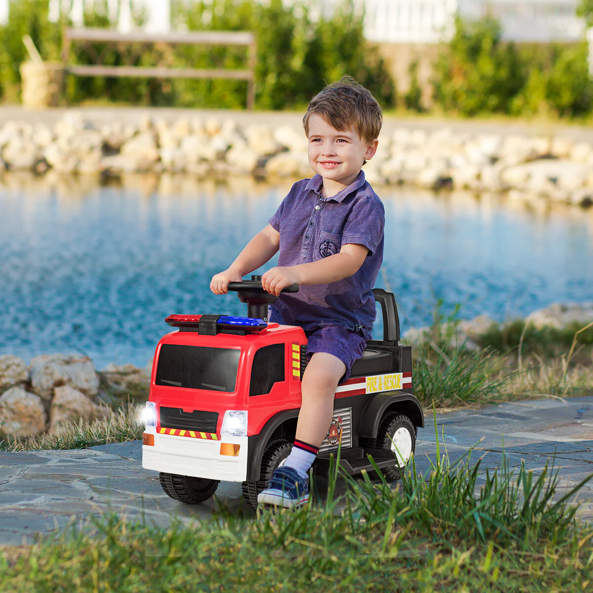 6V Battery-Powered Kids Ride-On Fire Engine with Siren, Lights, and Music - Image 3