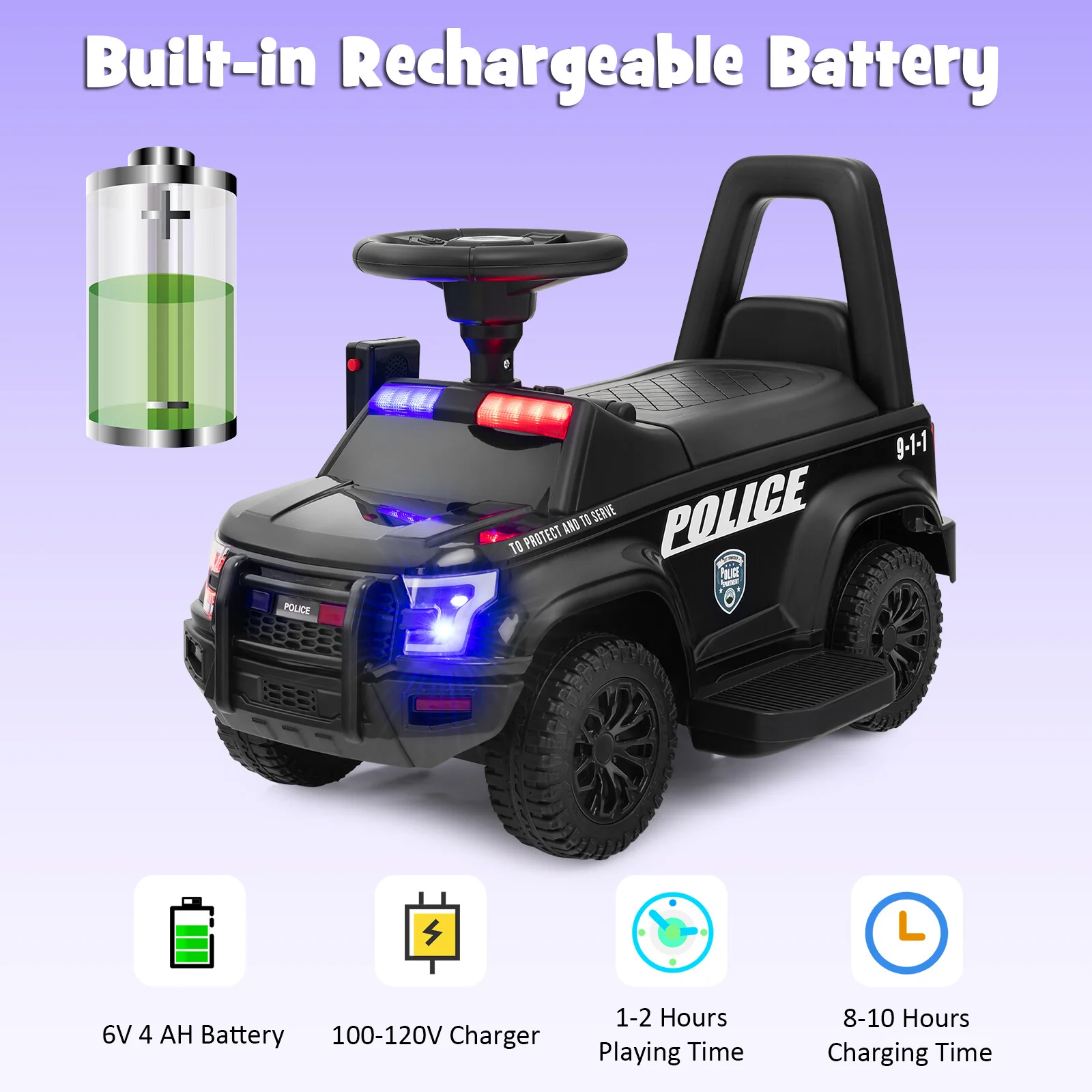 6V Battery-Powered Kids Ride-On Police Car Toy with Side Megaphone in Black - Image 4