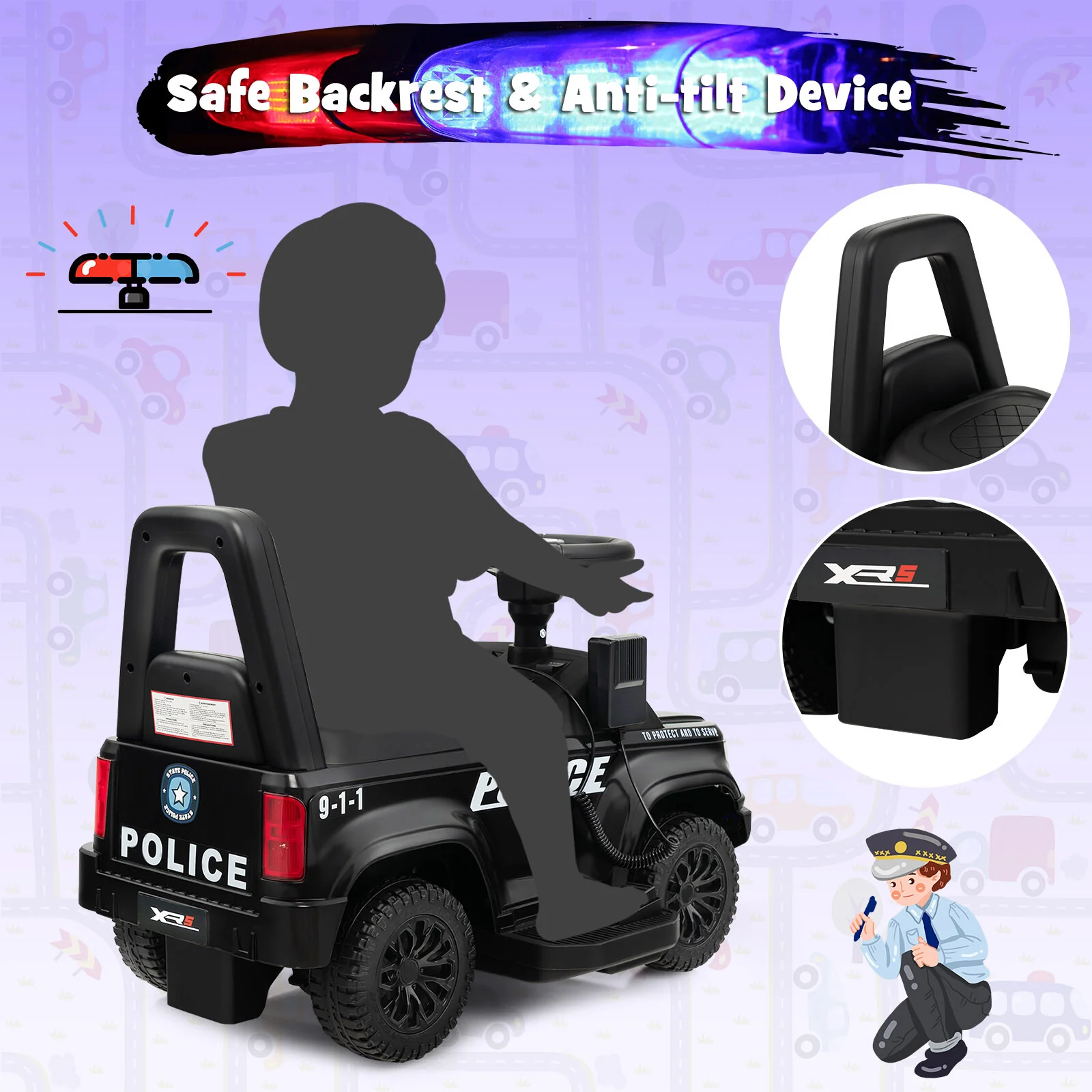 6V Battery-Powered Kids Ride-On Police Car Toy with Side Megaphone in Black - Image 7