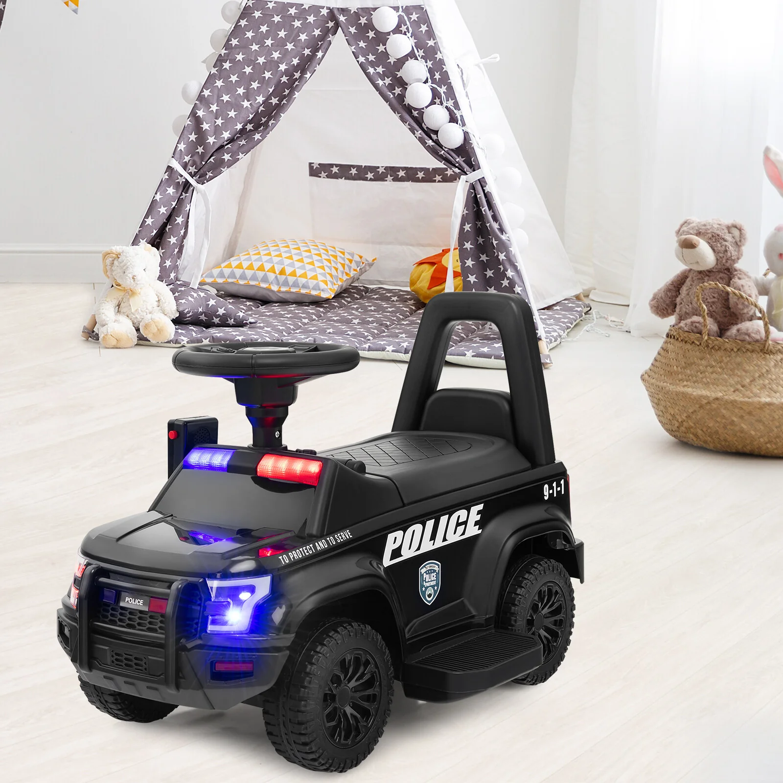 6V Battery-Powered Kids Ride-On Police Car Toy with Side Megaphone in Black - Image 8