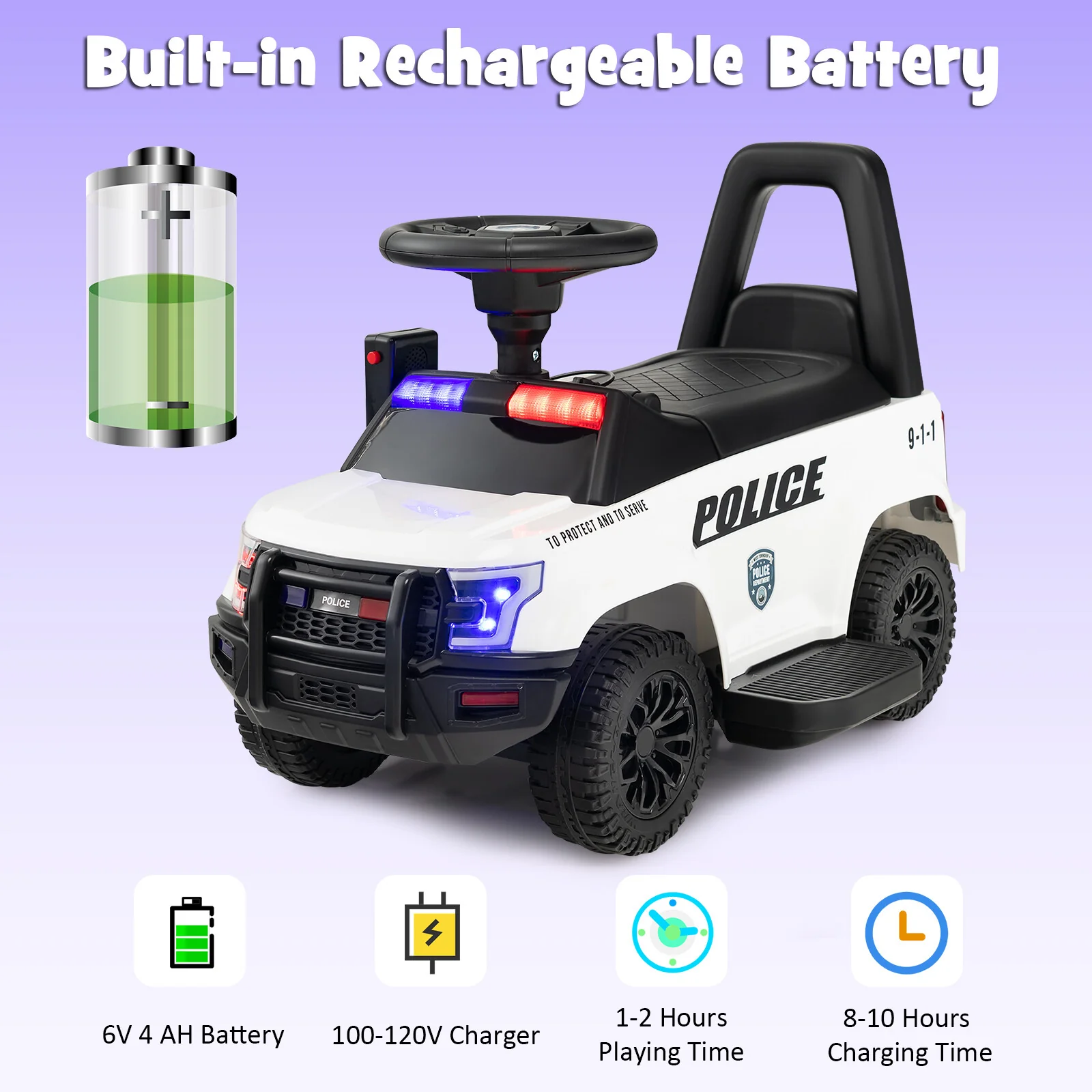 6V Battery-Powered Kids Ride-On Police Car Toy Vehicle with Side Megaphone and Music - Image 4