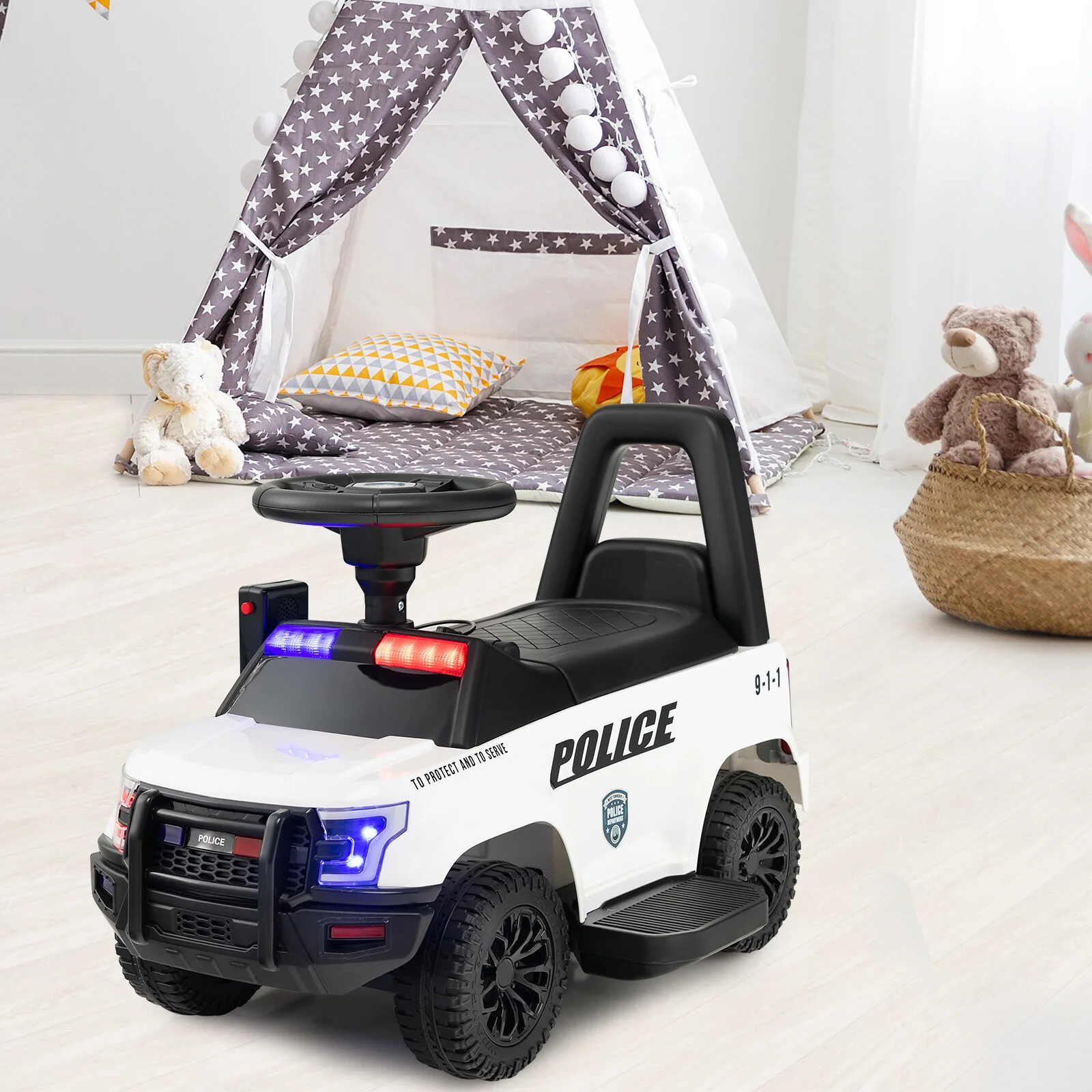 6V Battery-Powered Kids Ride-On Police Car Toy Vehicle with Side Megaphone and Music - Image 8