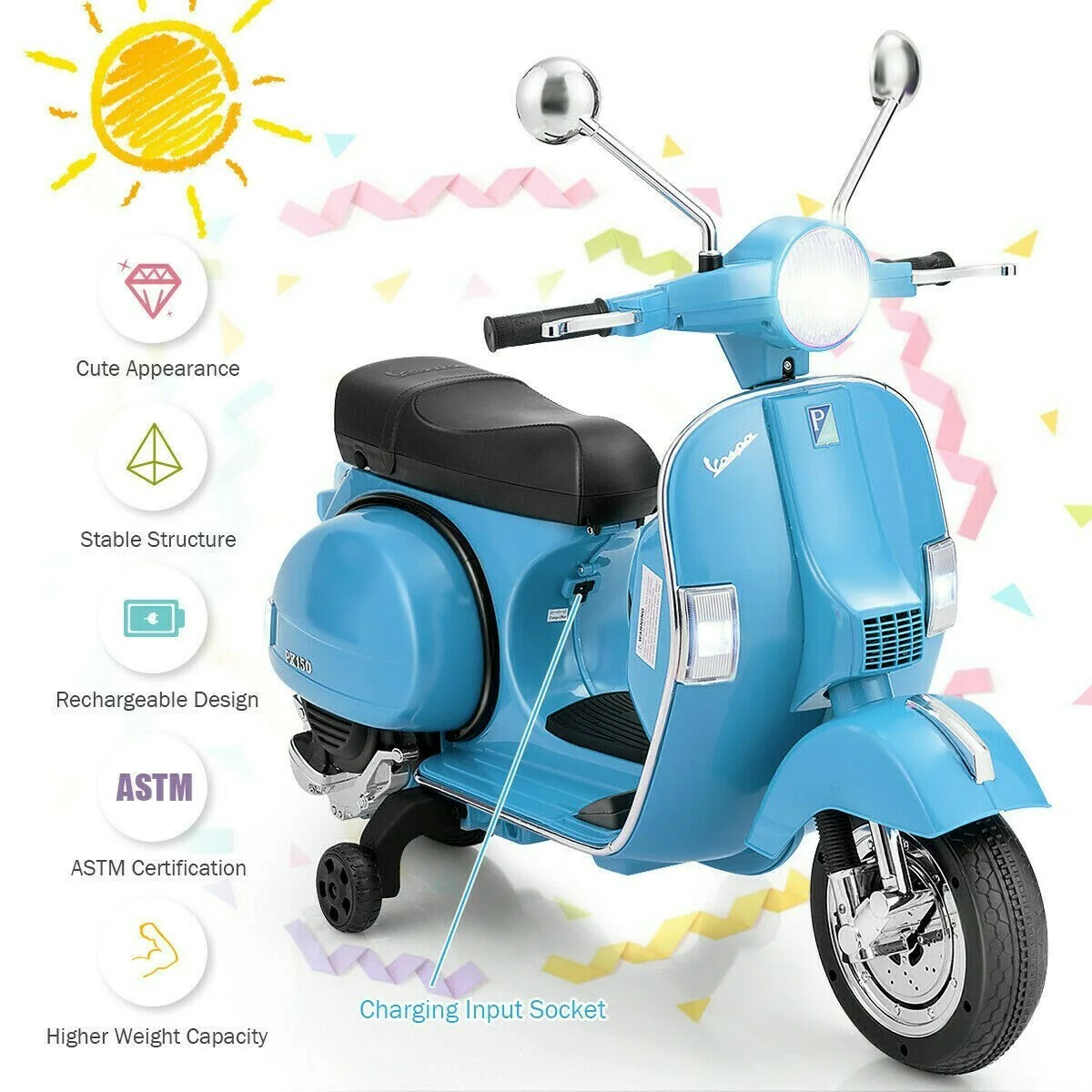 6V Kids Ride-On Vespa Scooter Motorcycle with Headlight - Image 8