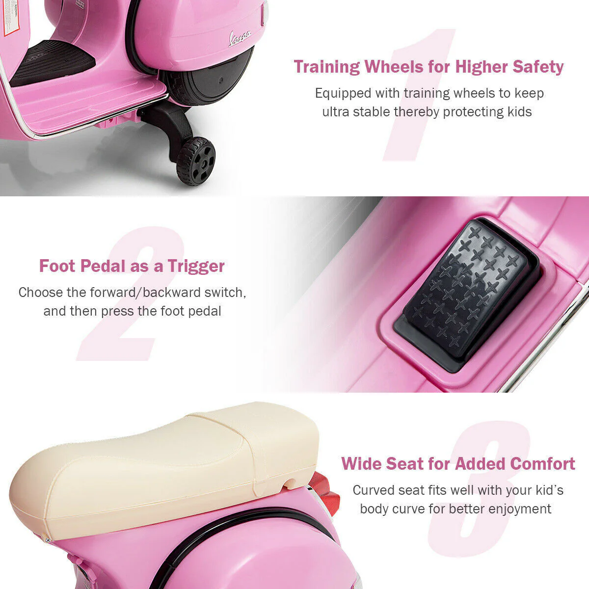 6V Pink Kids Vespa Scooter with Training Wheel and Headlight - Image 10