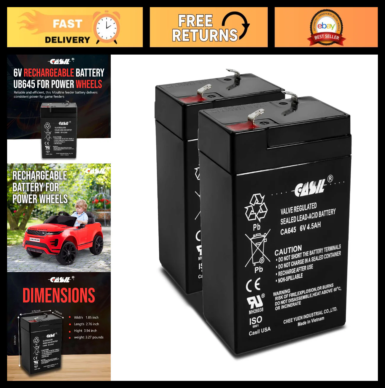 6V 4.5Ah Rechargeable Battery for Ride-On Toys and Emergency Lighting