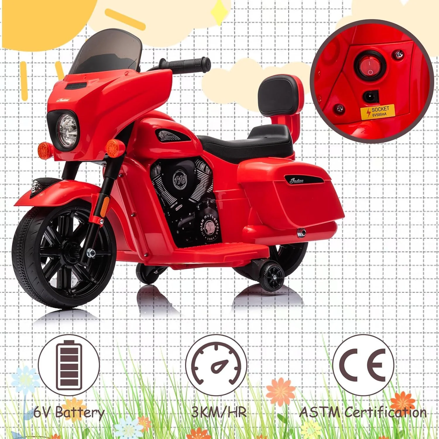 6V Ride-On Motorcycle Car for Toddlers with USB, AUX, and Headlight in Red - Image 5