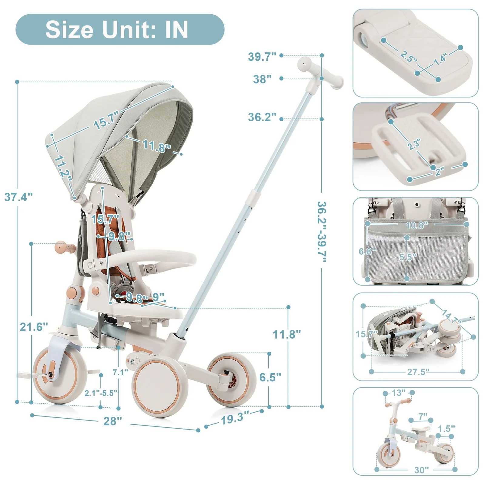 Foldable Baby Toddler Tricycle with Removable and Adjustable Parent Push Handle - Image 6