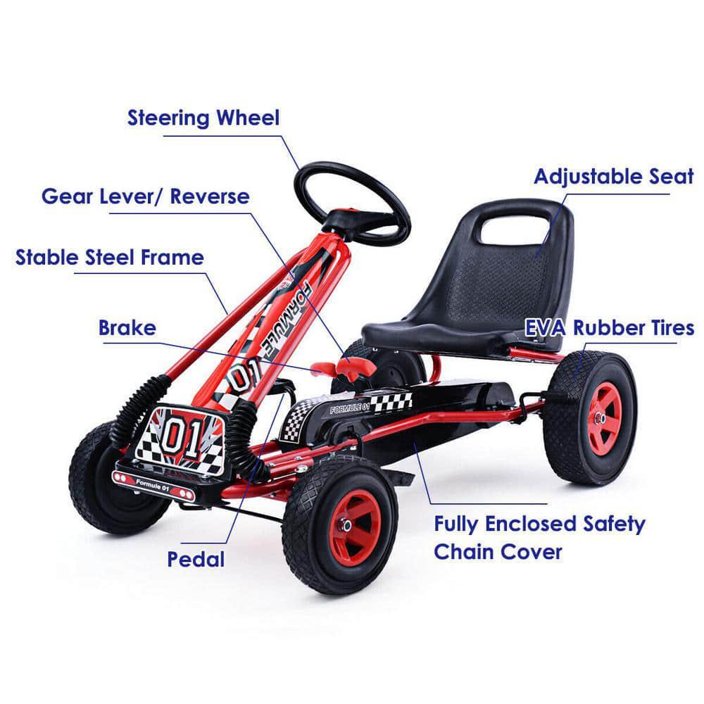 7-in Red Kids Pedal-Powered Ride-On Go Kart Racer Bike for Outdoor Fun - Image 4