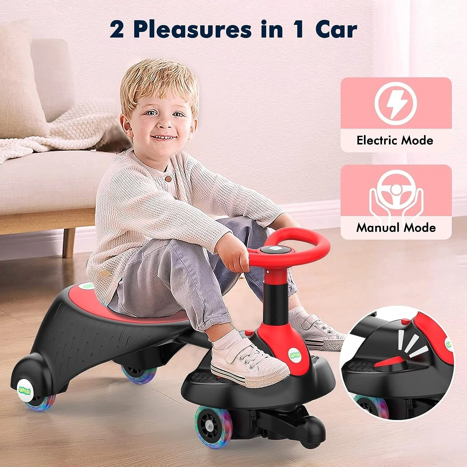 Adjustable Length Kids' Car Ride with Light-Up Wheels and Rechargeable Battery - Image 2